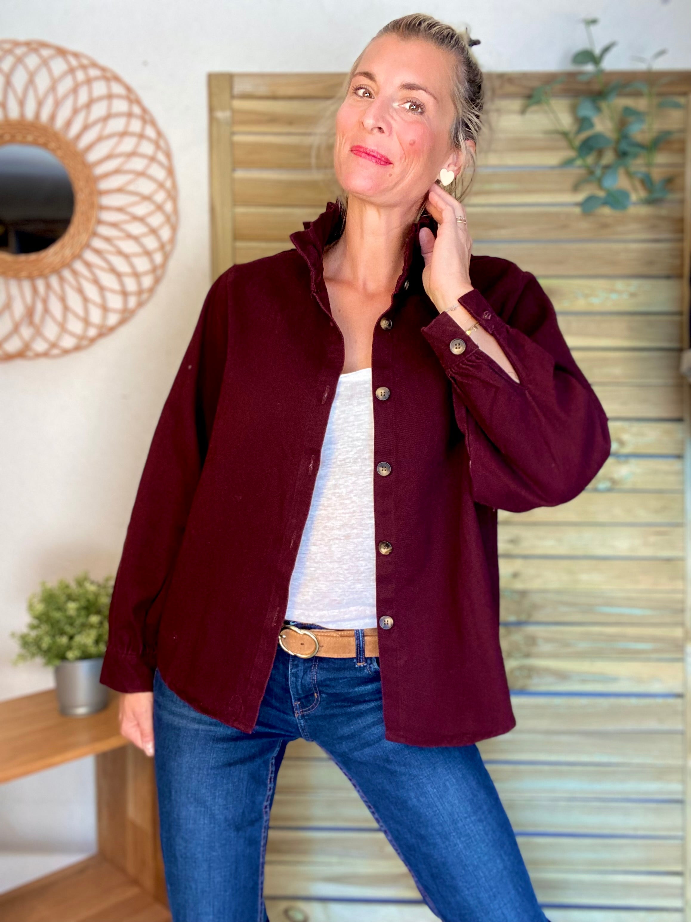 Veste / Chemise en coton, col victorien volanté LISA - Prune