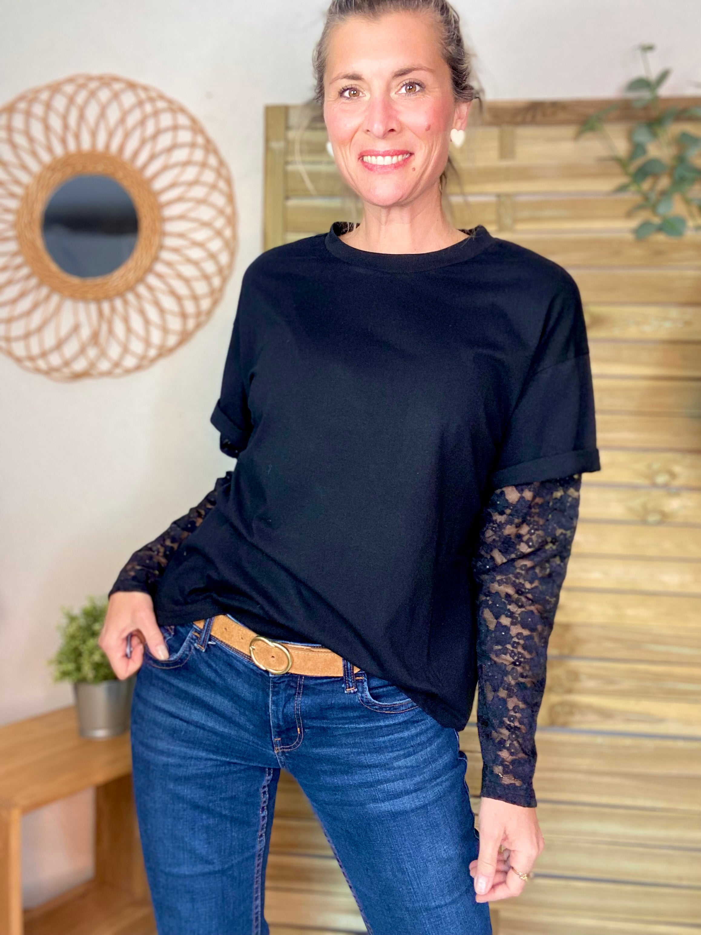 Tee shirt avec manches longues dentelle PAMELA - Noir
