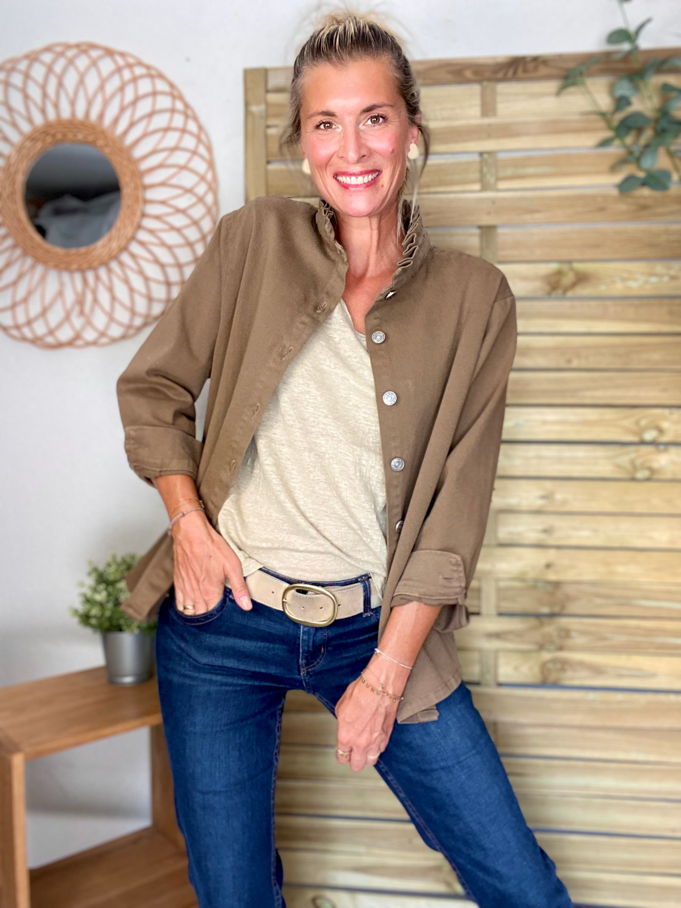 Veste / Chemise en coton, col volanté Camel foncé LISON