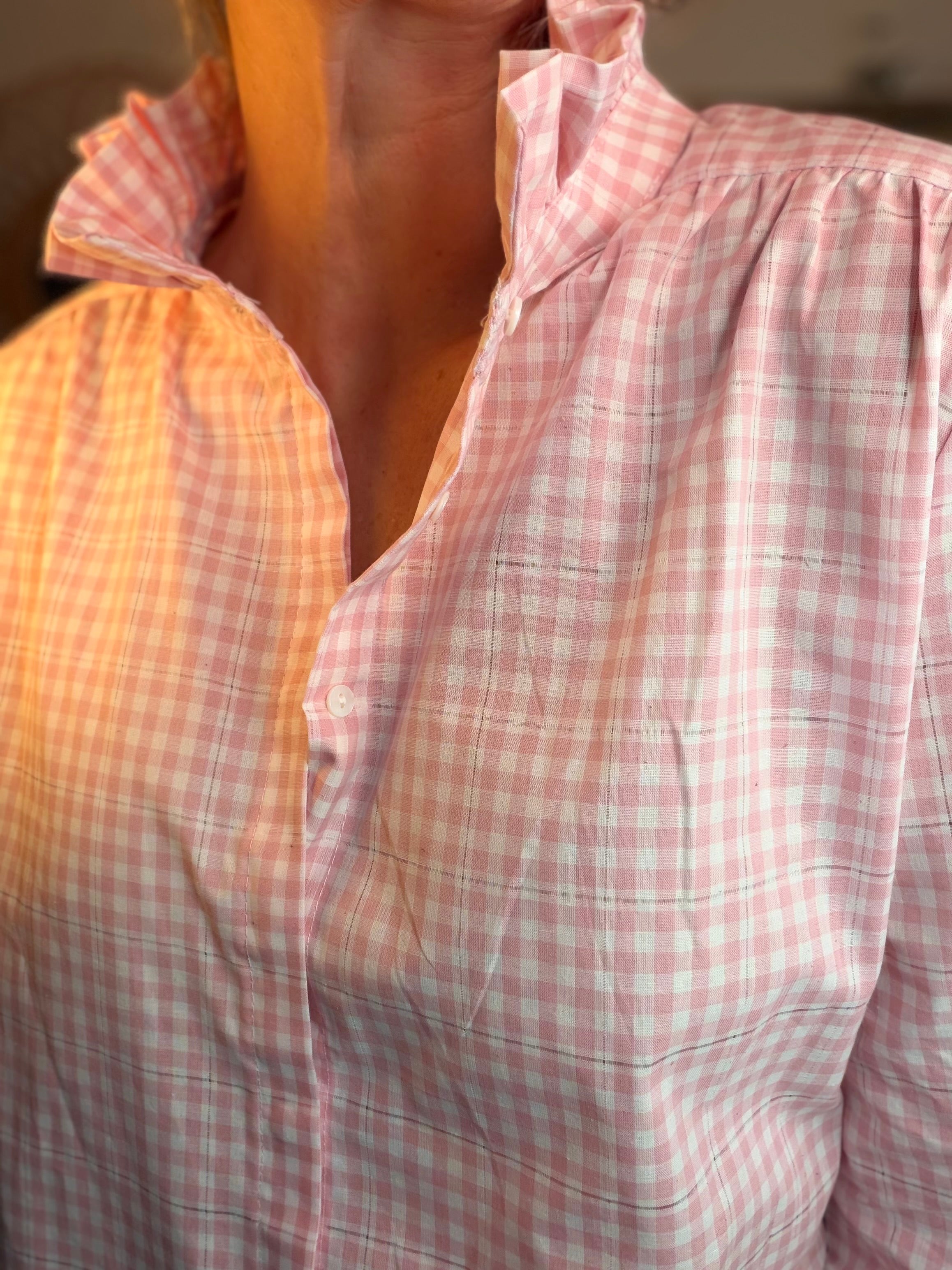 Chemise imprimée vichy, col victorien volanté MEREDITH - Rose