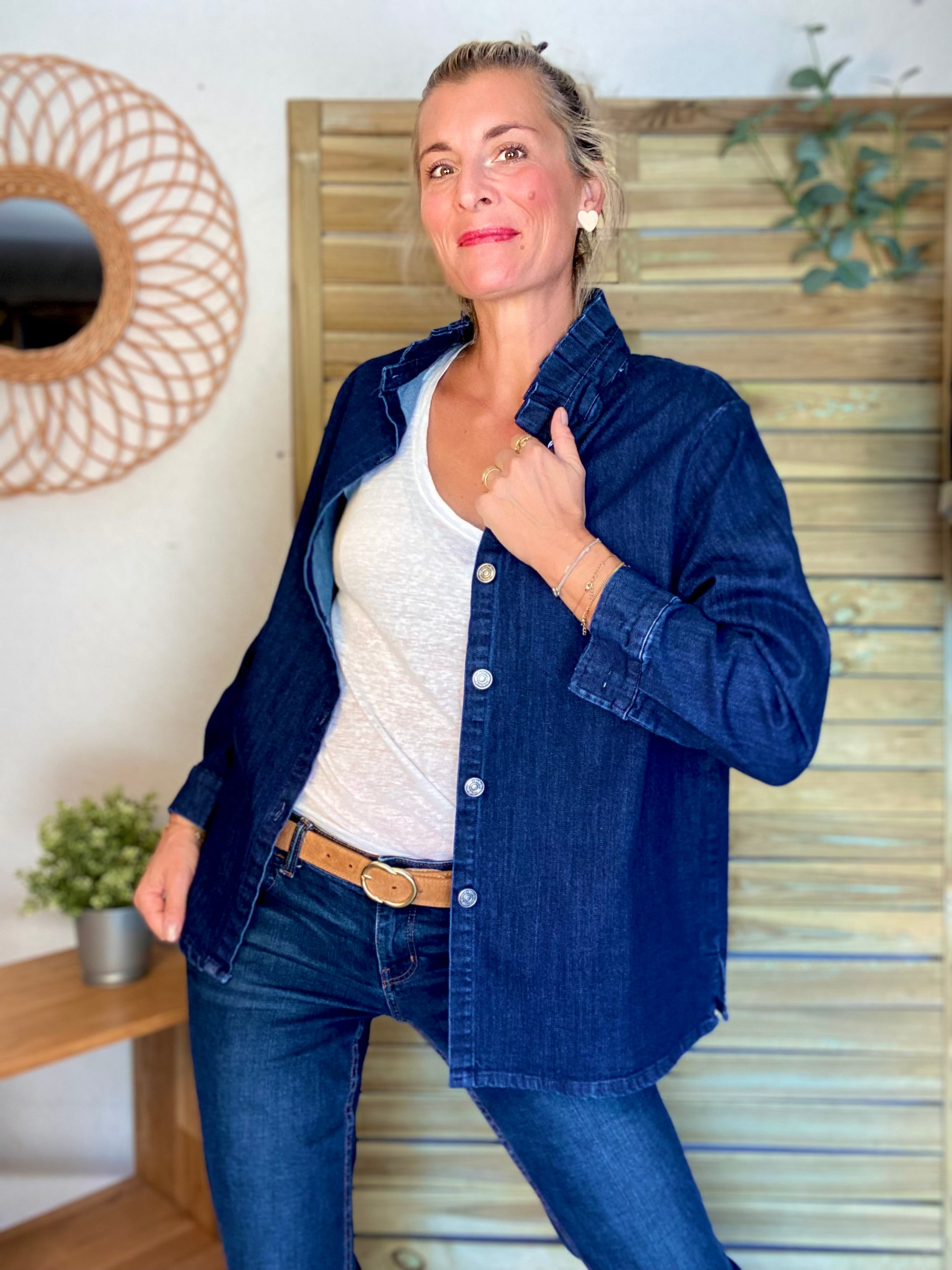 Veste / Chemise en coton, col victorien volanté Bleu Jean LISON