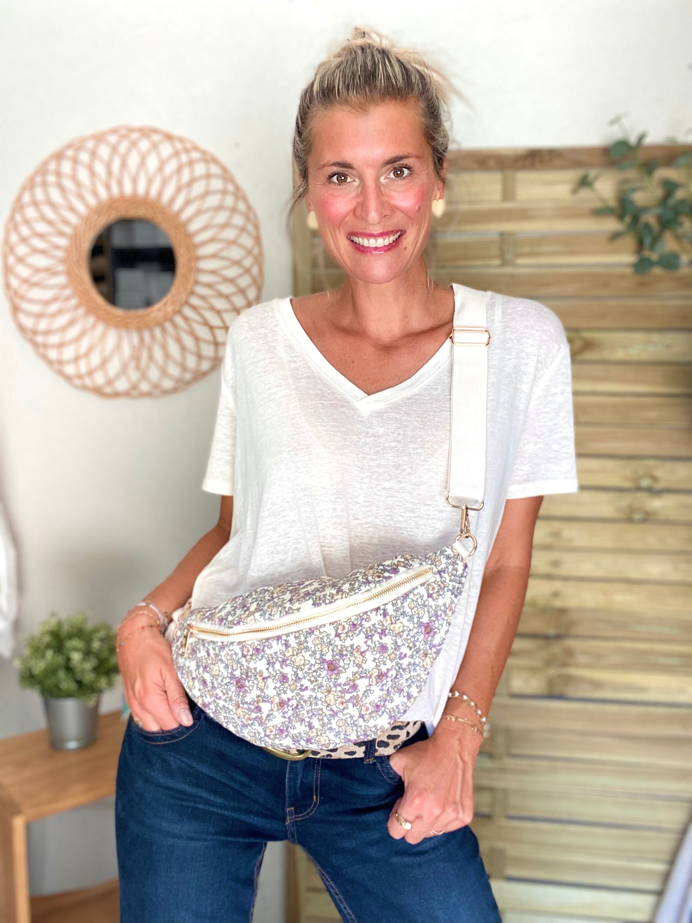 Sac banane XL Ciao Boum - IVY - Fleuri blanc et mauve (20 coloris)