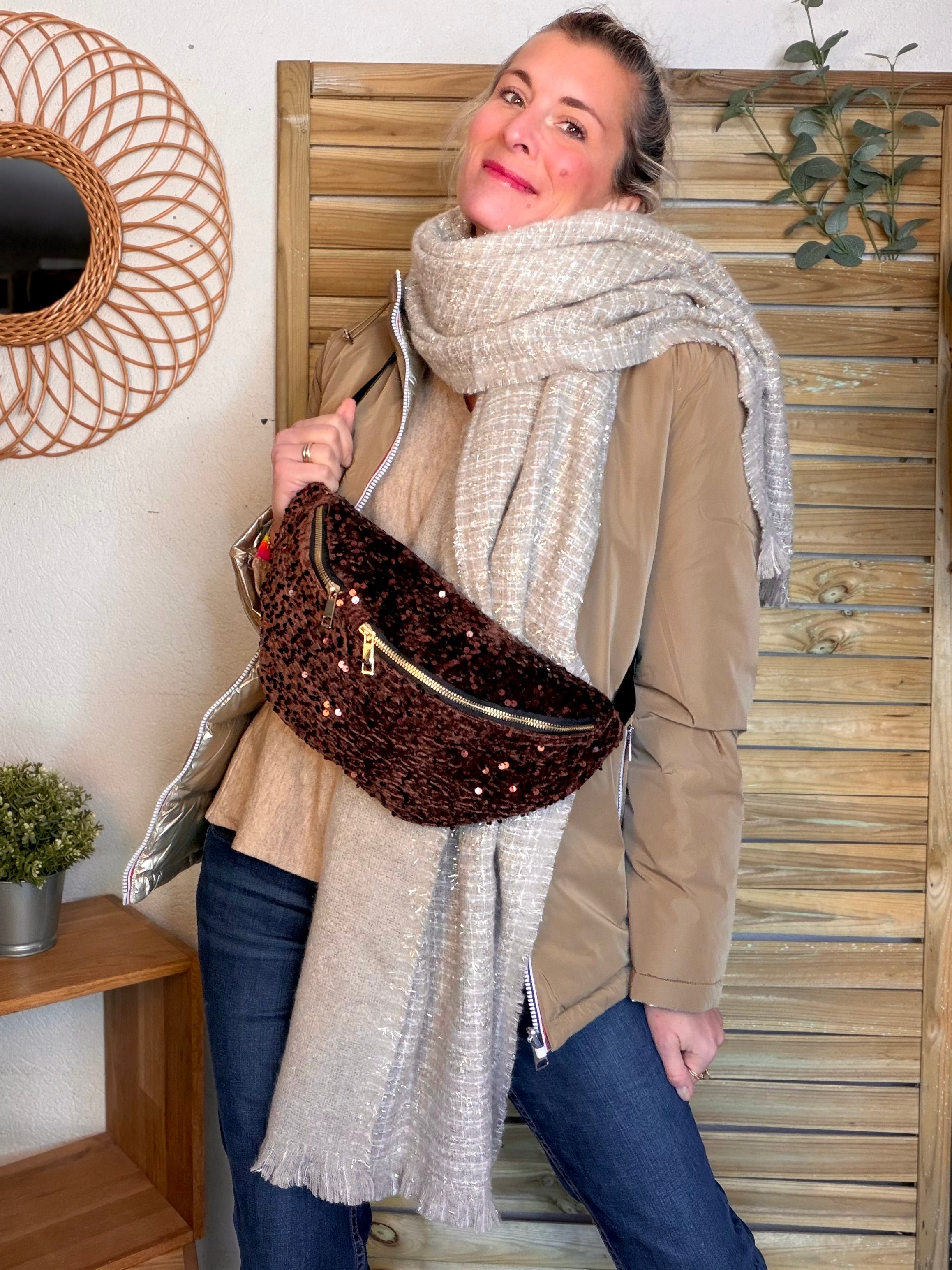 ⚡️ PÉPITES FRIDAY - Sac banane XL velours à sequins BRANDY - Chocolat