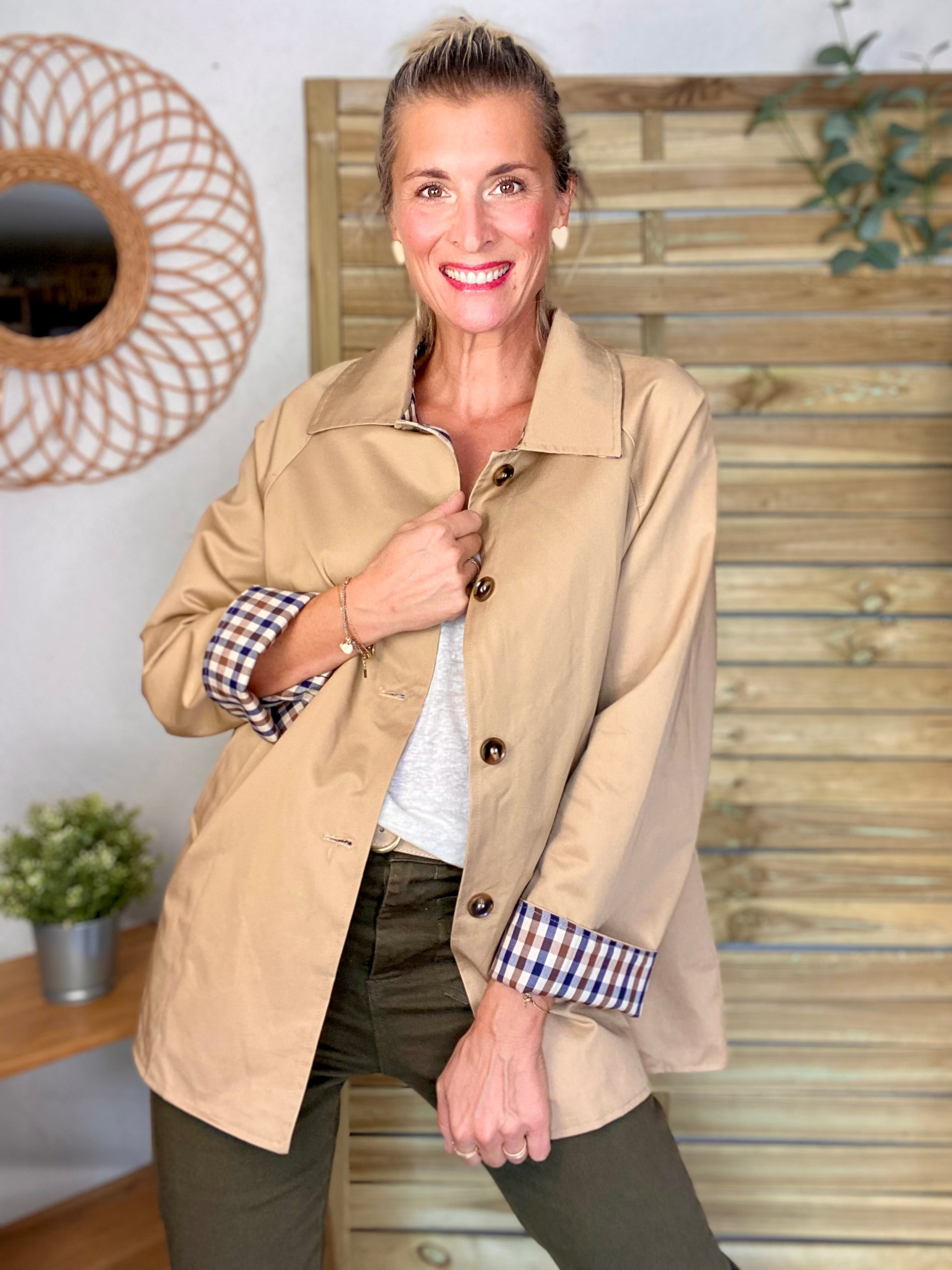 Veste Trench mi long réversible vichy LENA - Camel clair
