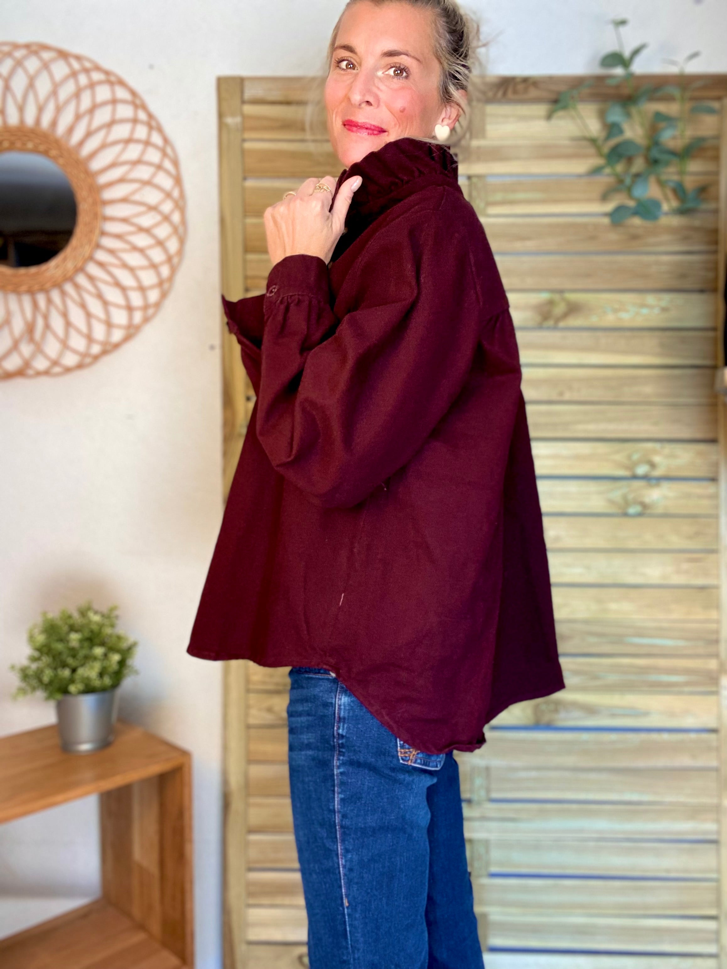 Veste / Chemise en coton, col victorien volanté LISA - Prune