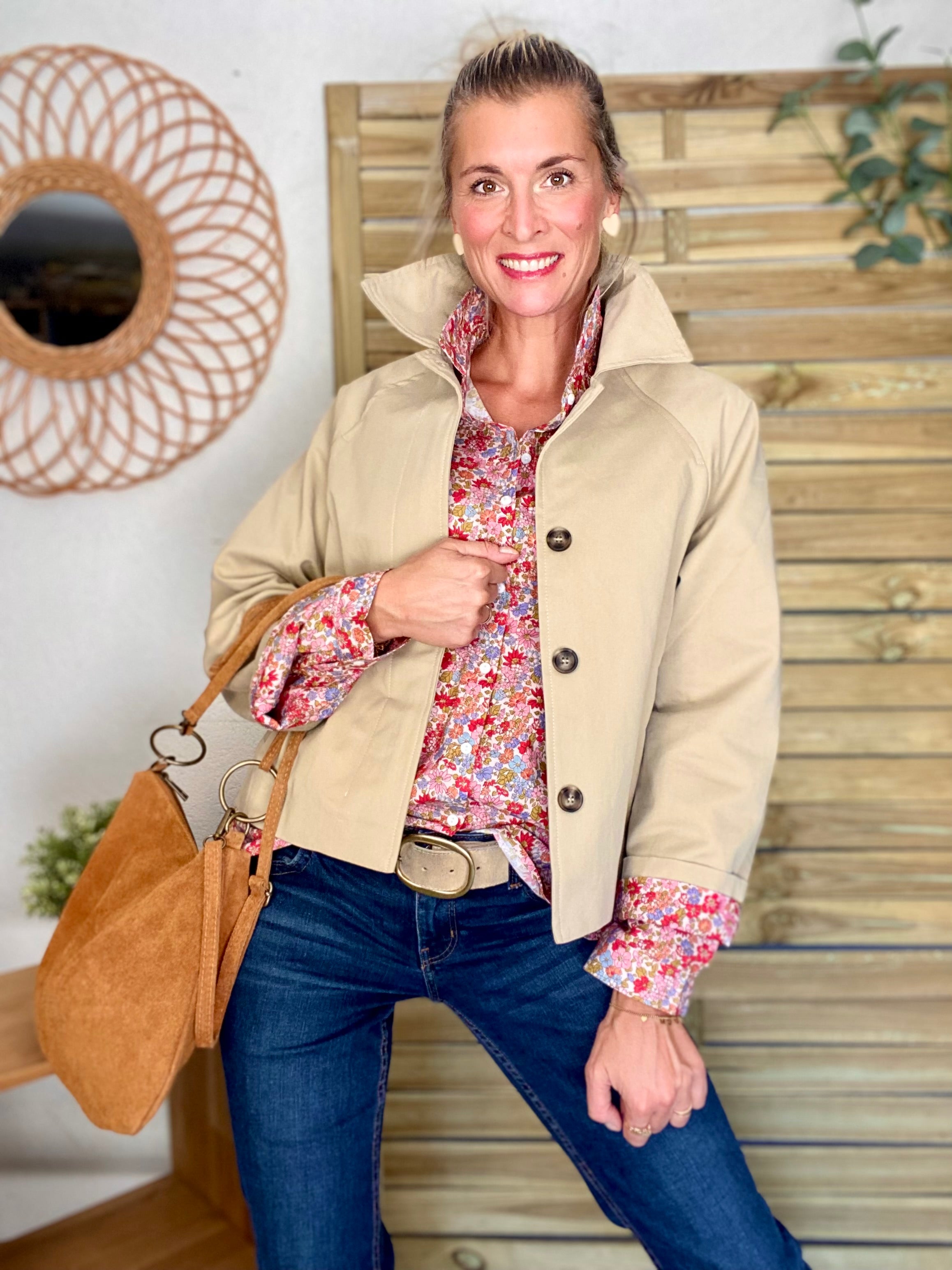 Veste Trench en coton beige avec Liberty - MAHAUT