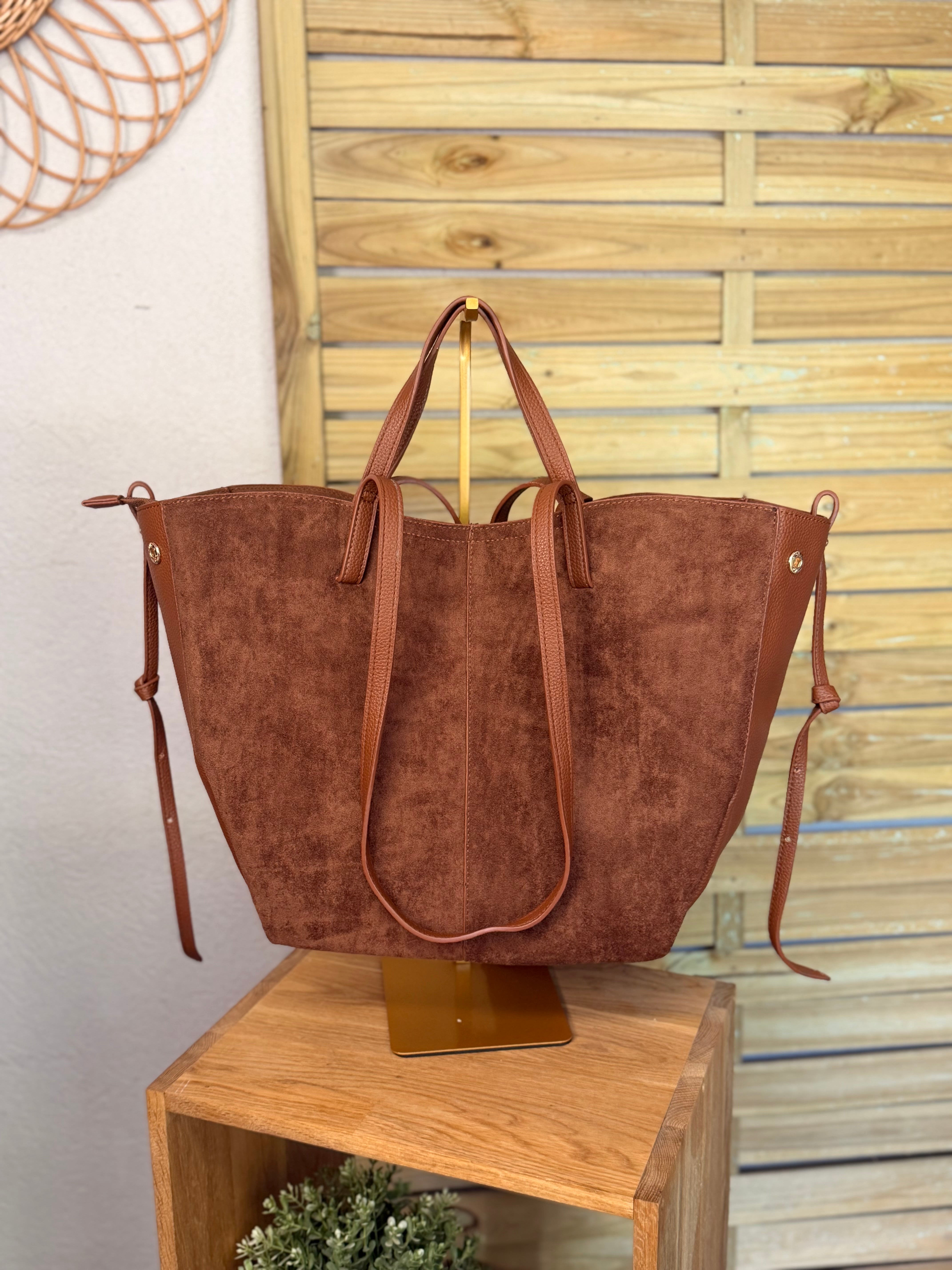 Grand Sac cabas 2 en 1 en simili daim - PAULE Camel