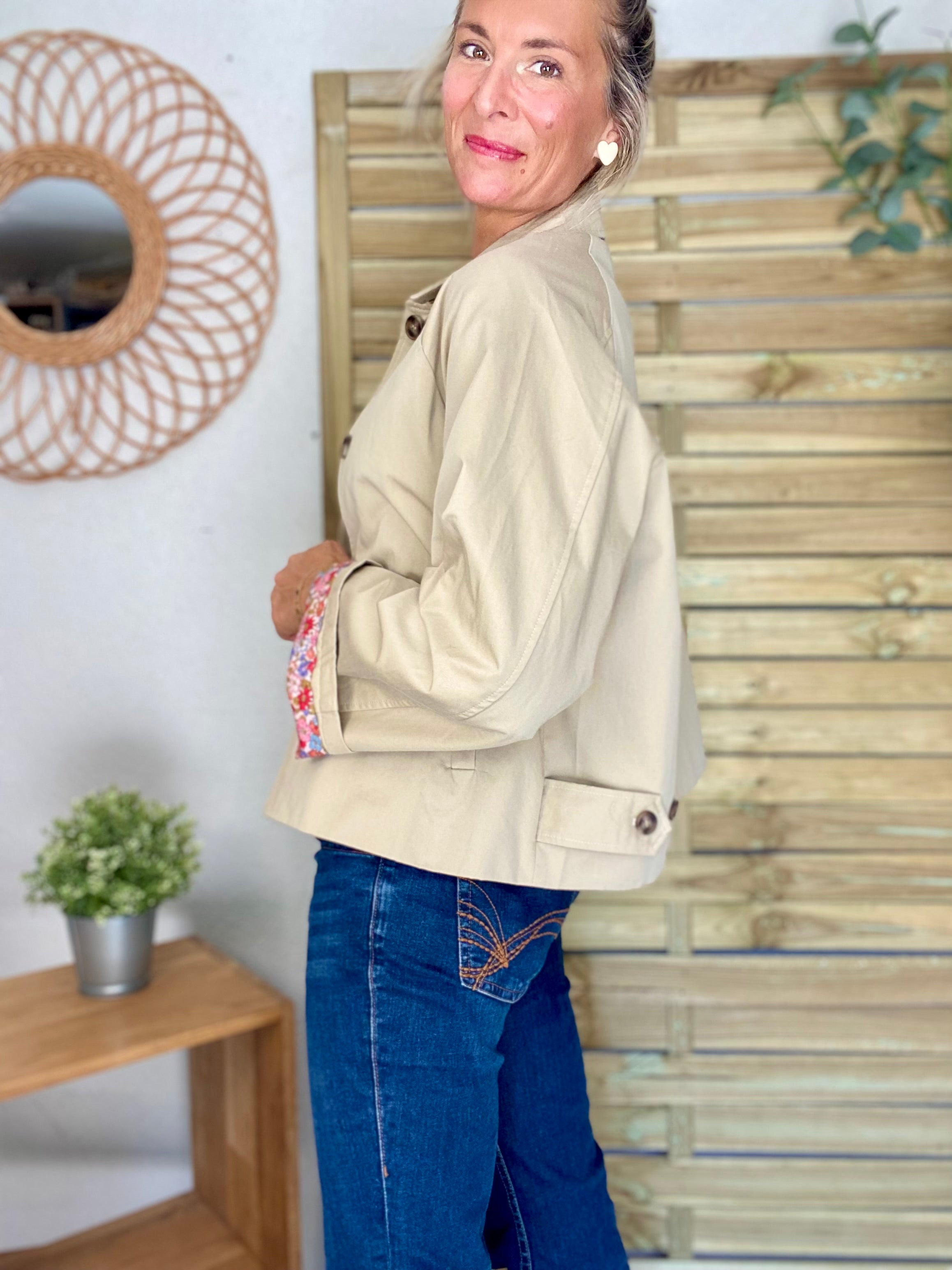 Veste Trench en coton beige avec Liberty - MAHAUT