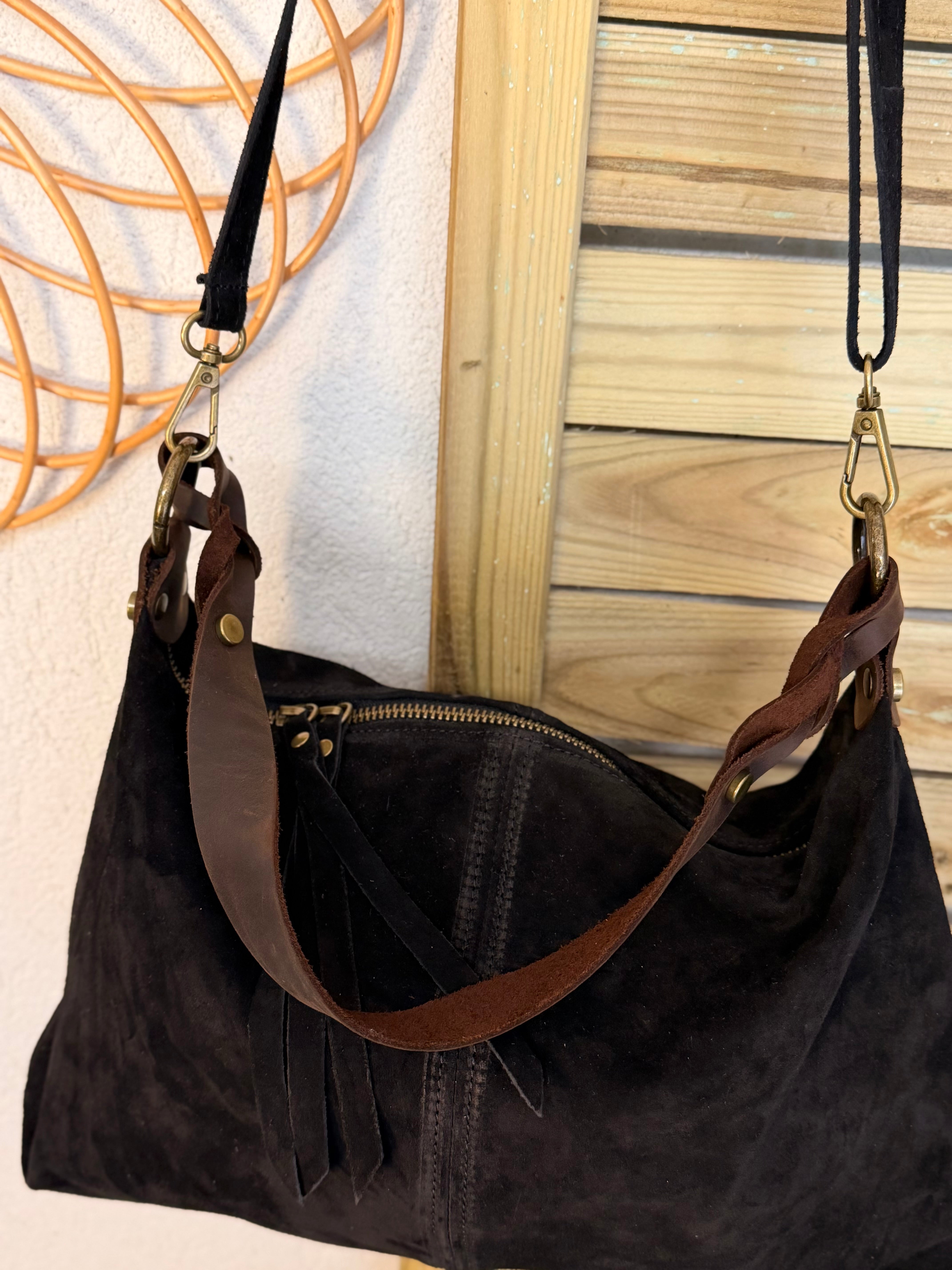 Sac hobo en cuir daim souple, double bandoulière ANDREW Noir