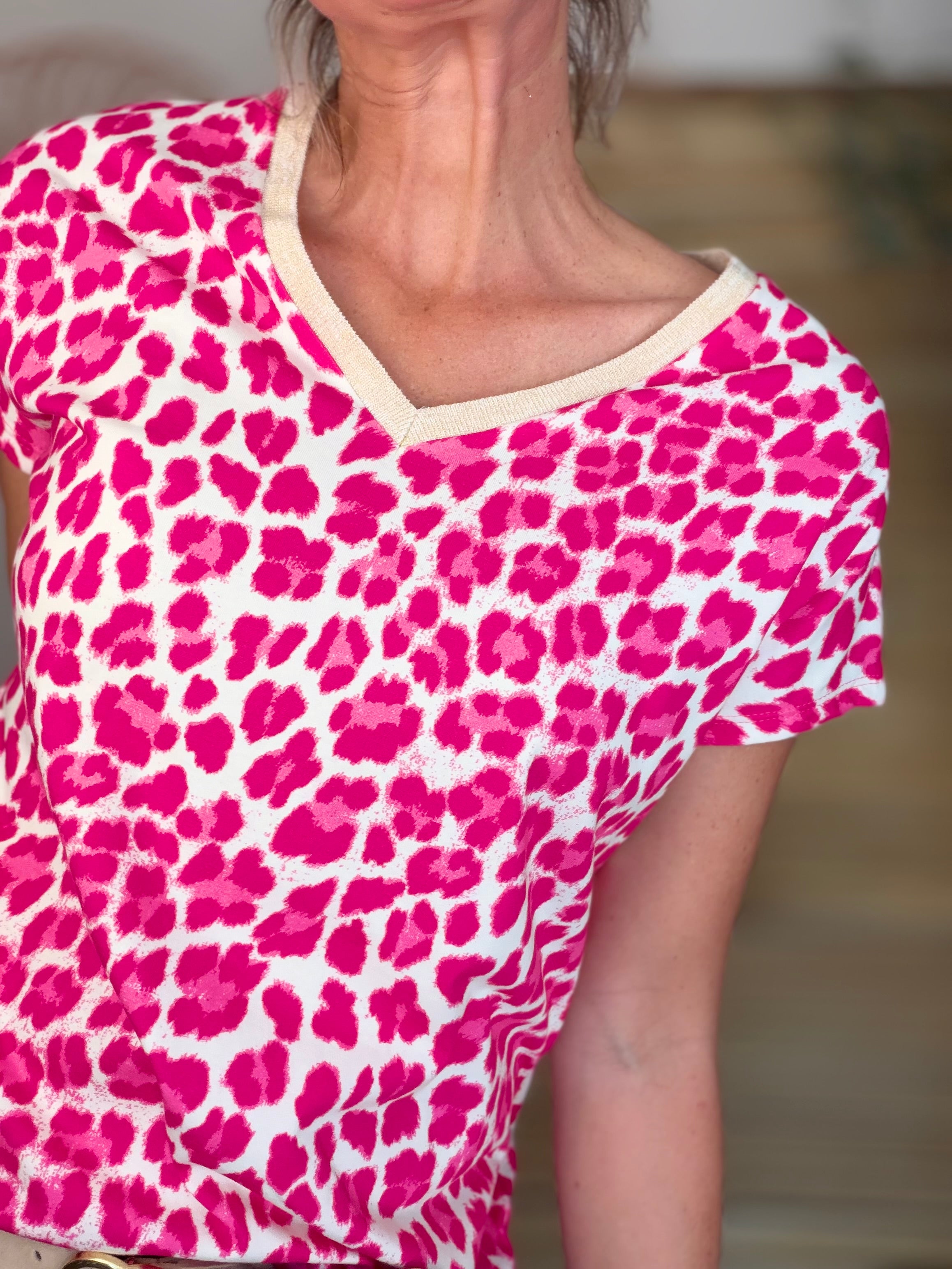 Top imprimé Léo col V lurex MIRTA - Rose fushia
