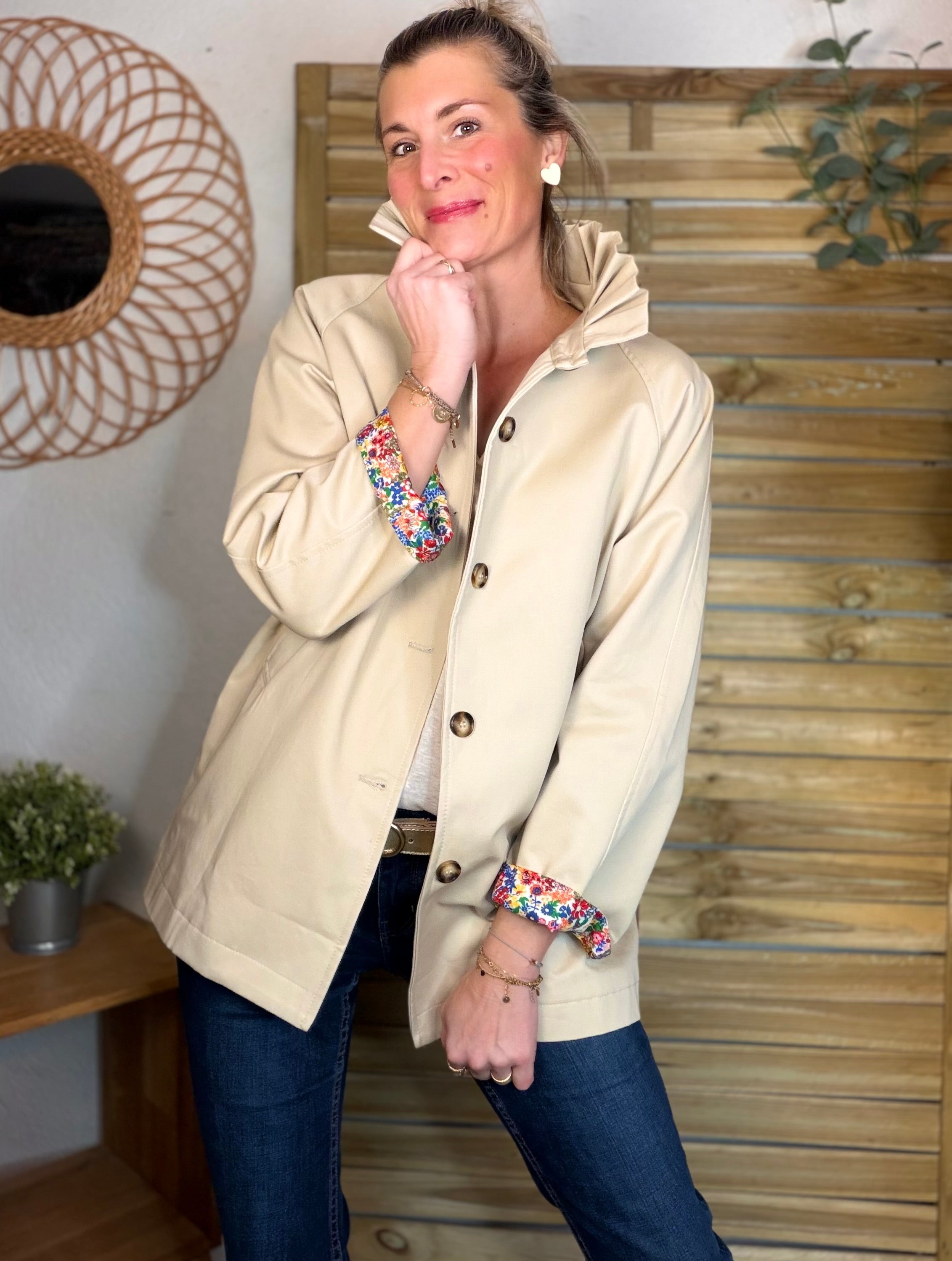 Veste Trench mi-long col victorien avec Liberty - ANDY Beige