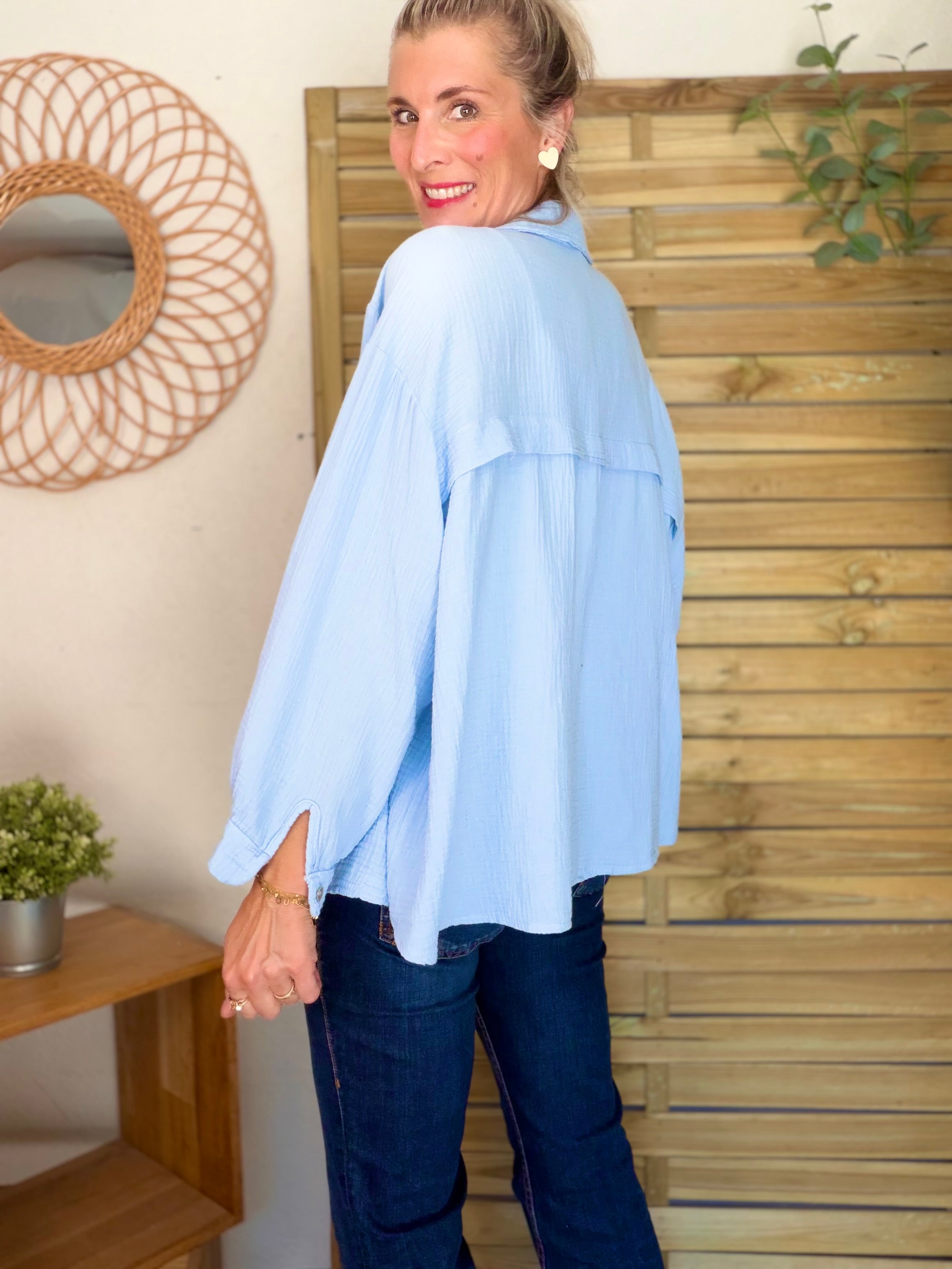 Chemise en gaze de coton unie FÉLICIA Bleu ciel
