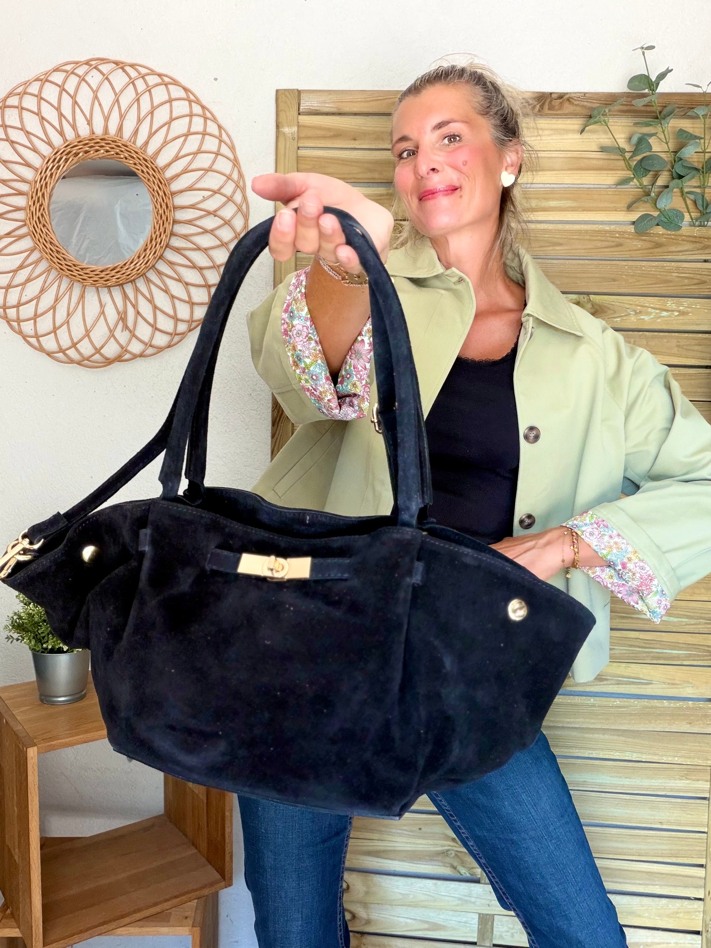 Sac cabas en cuir daim HANA - Noir