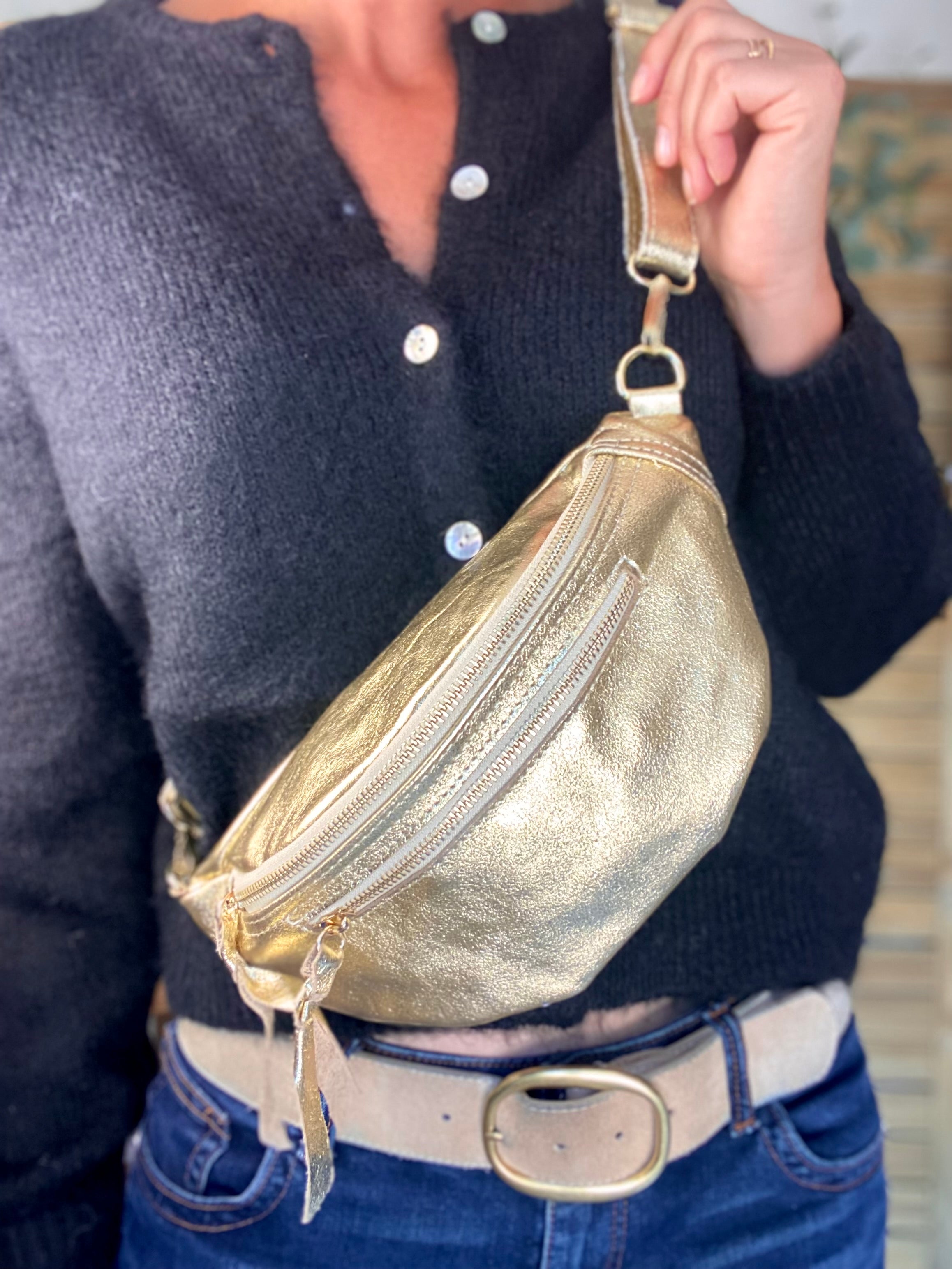 Sac banane en cuir irisé double poche - OPALE - Doré / doré