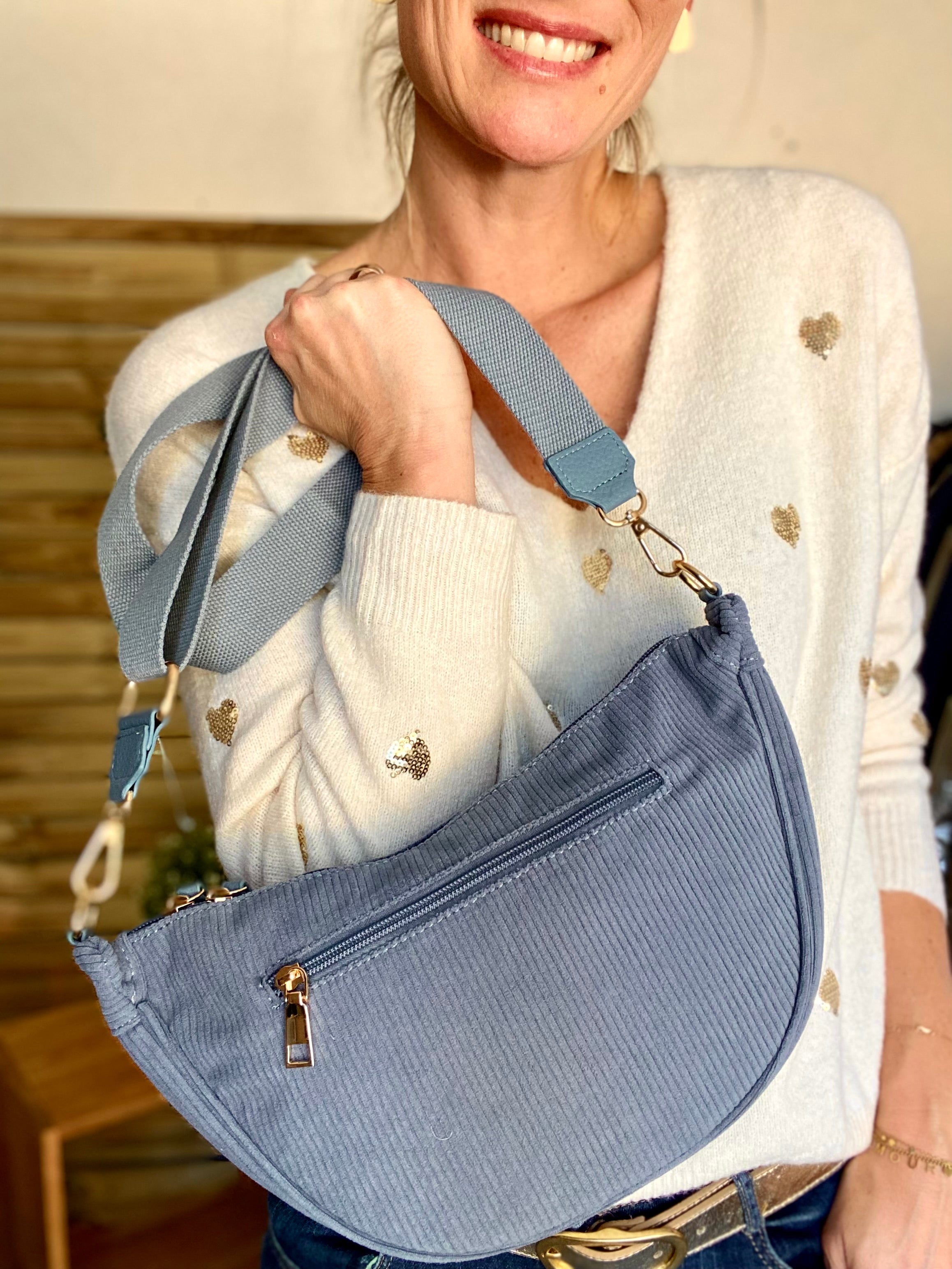 Sac besace demi-lune XL velours côtelé - AMY - Bleu jean