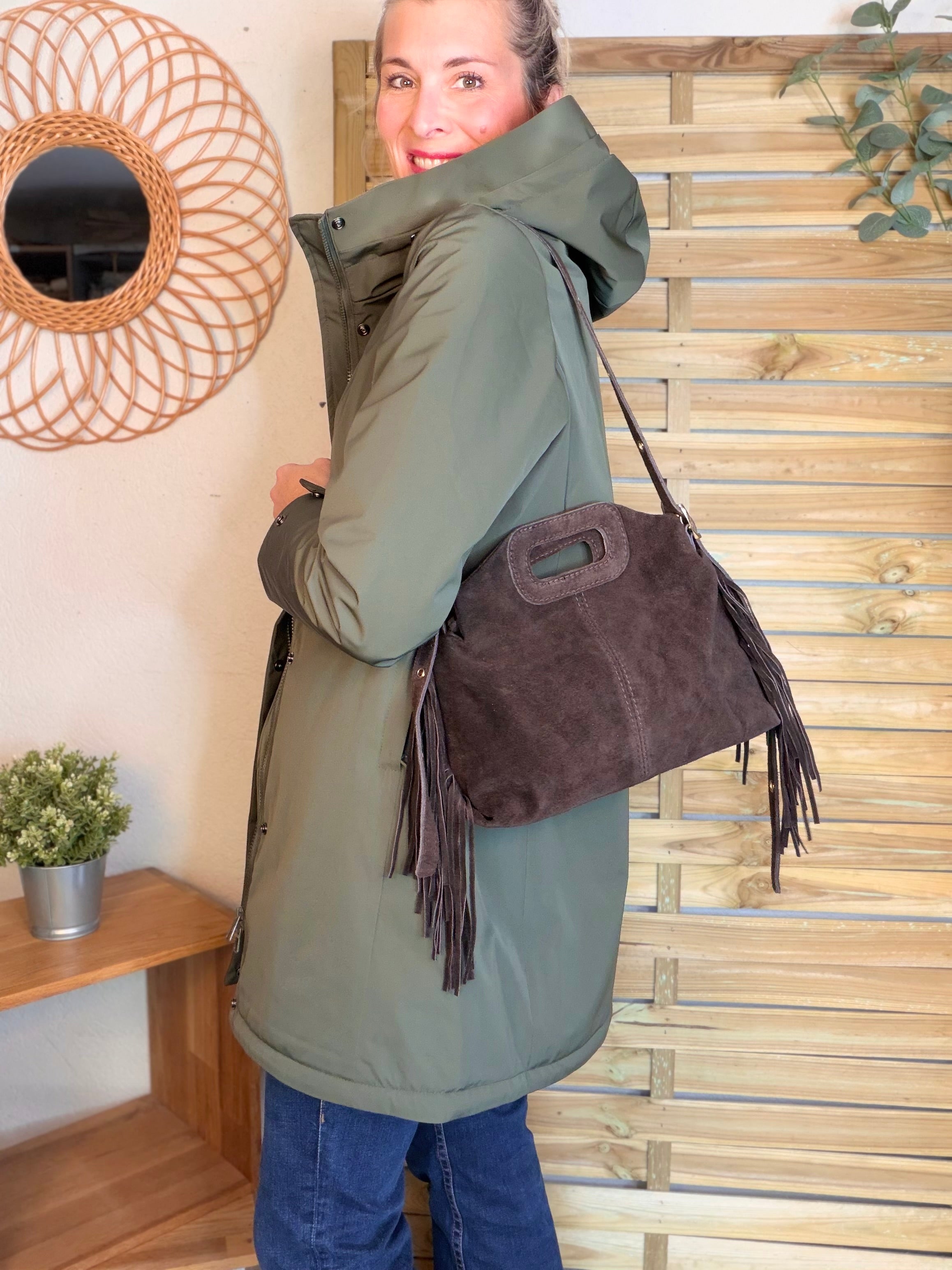 Sac en cuir daim avec franges LOGAN - Chocolat