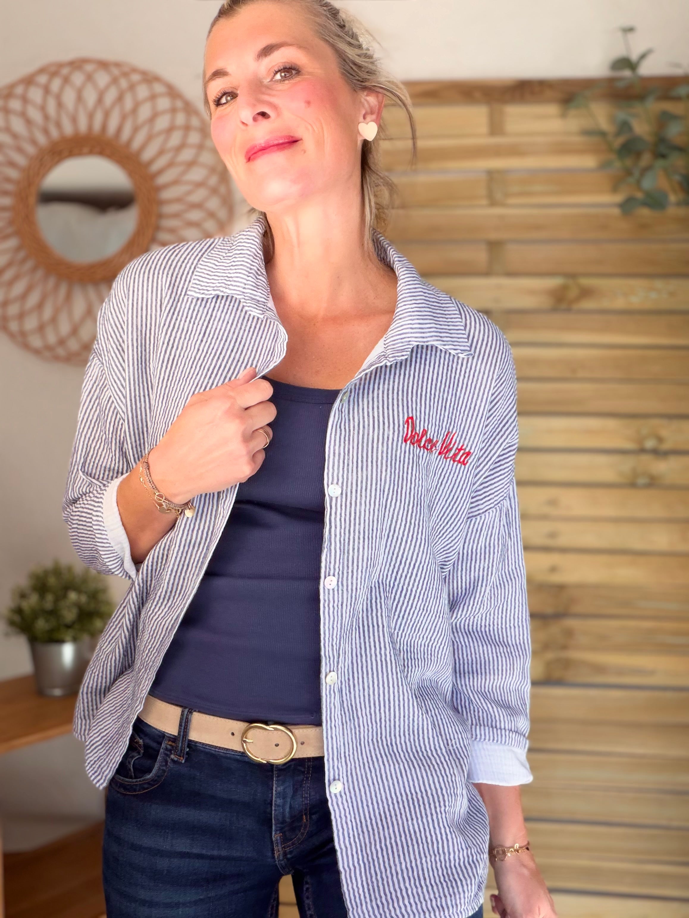 Chemise en gaze de coton brodé Dolce Vita LEÏLA - Bleue