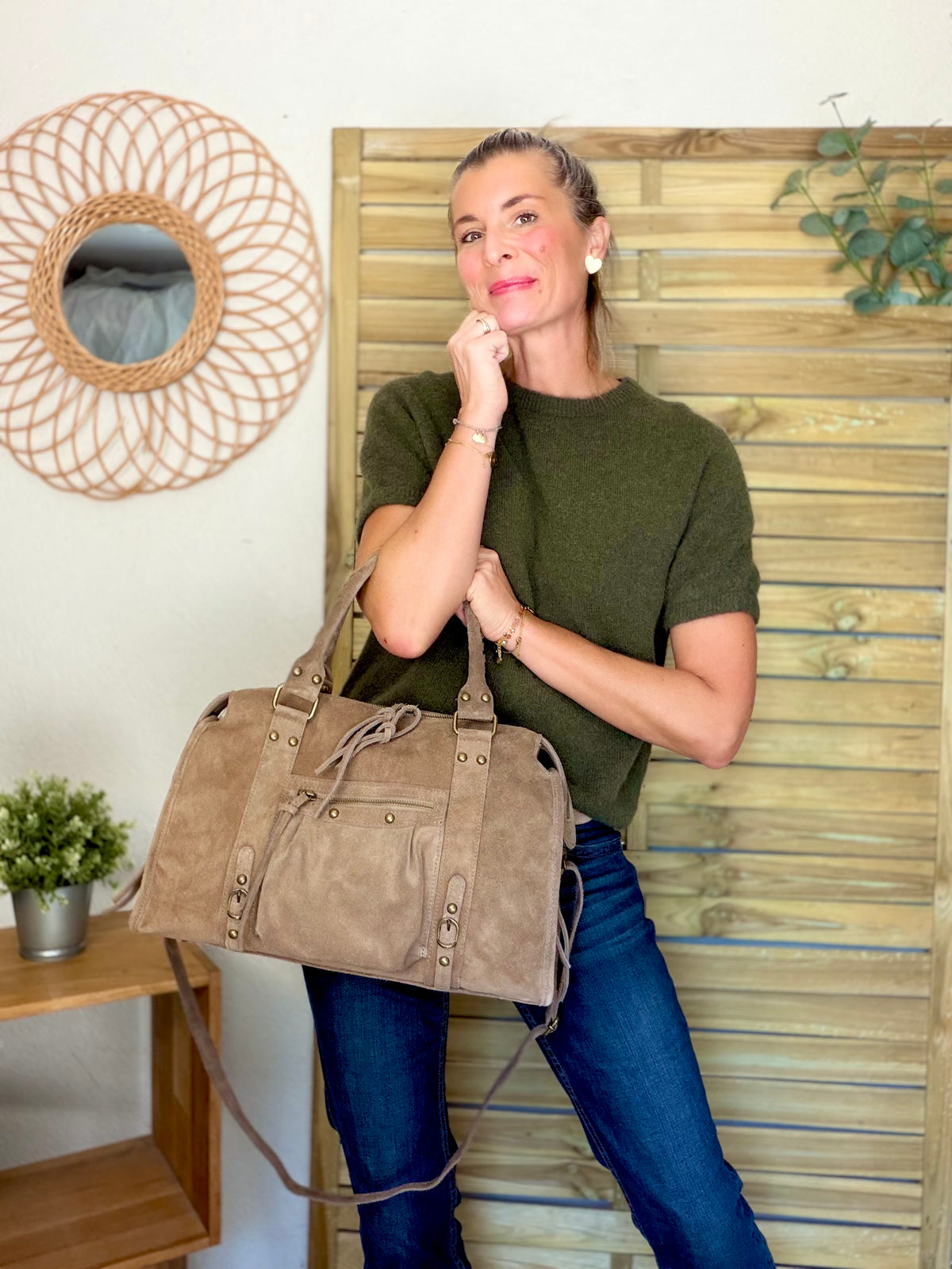 Sac cabas XL en cuir daim • HUNTER Taupe