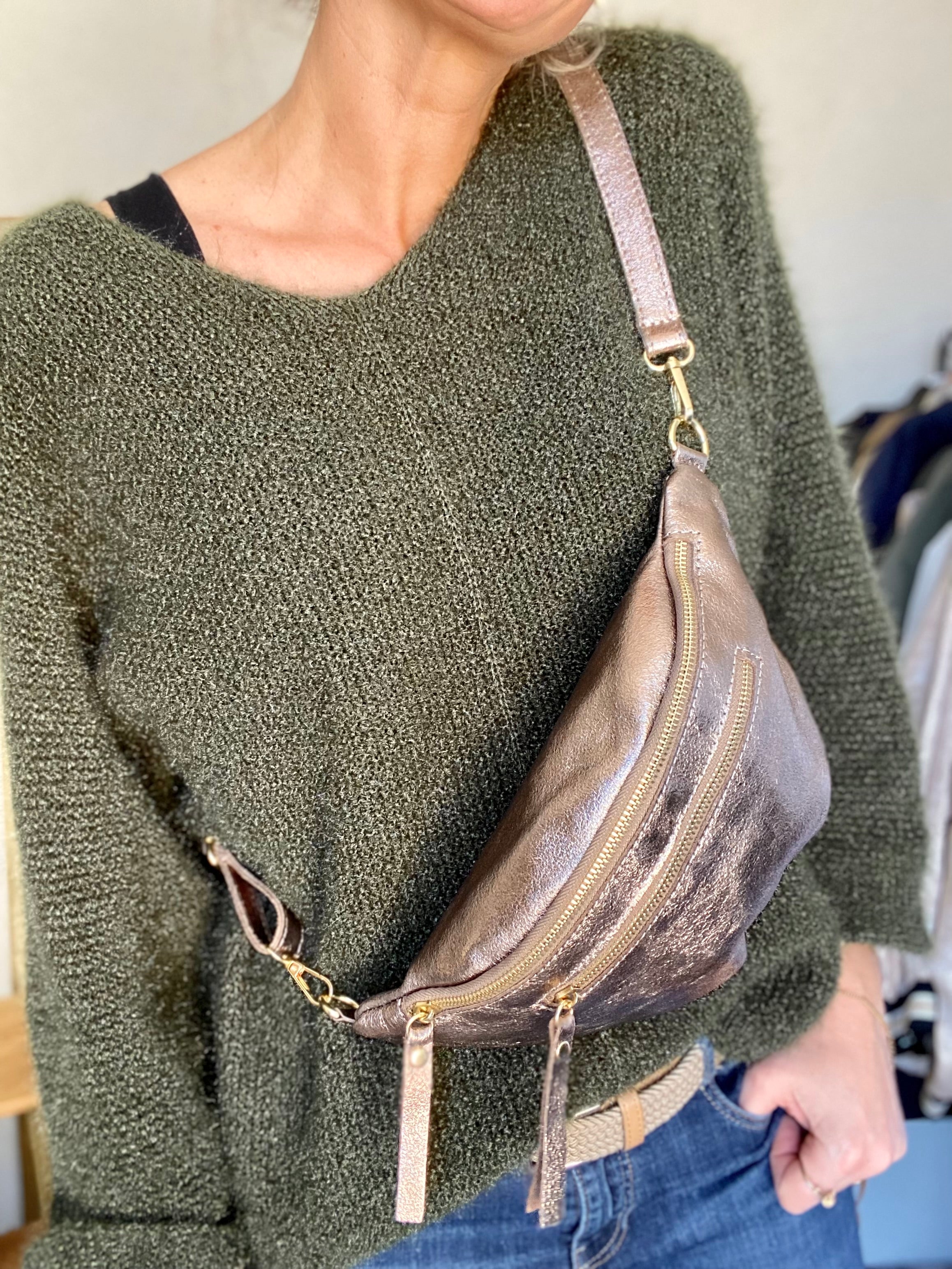 Sac banane en cuir irisé double poche - OPALE - Bronze