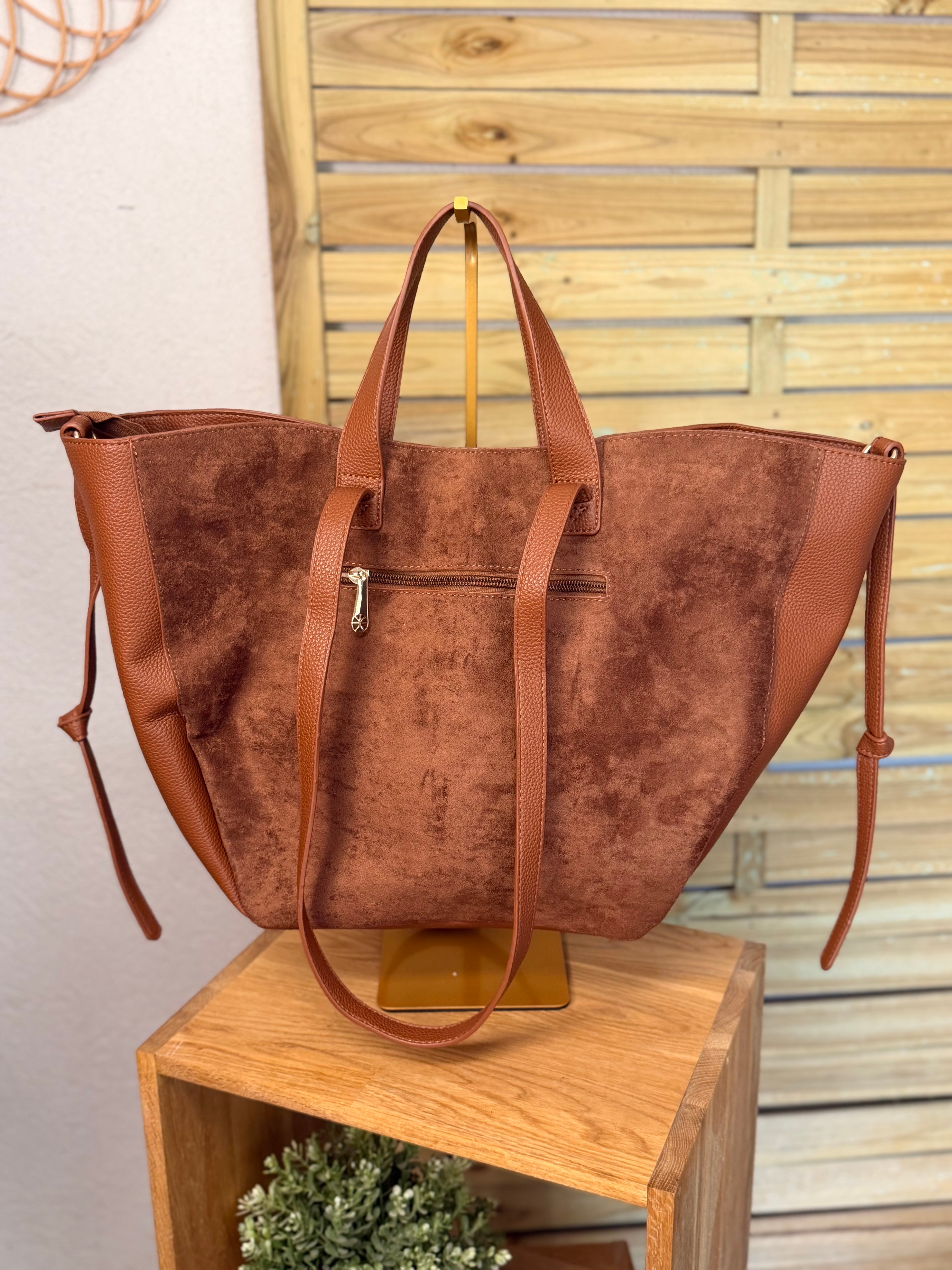 Grand Sac cabas 2 en 1 en simili daim - LAURÈNE Camel