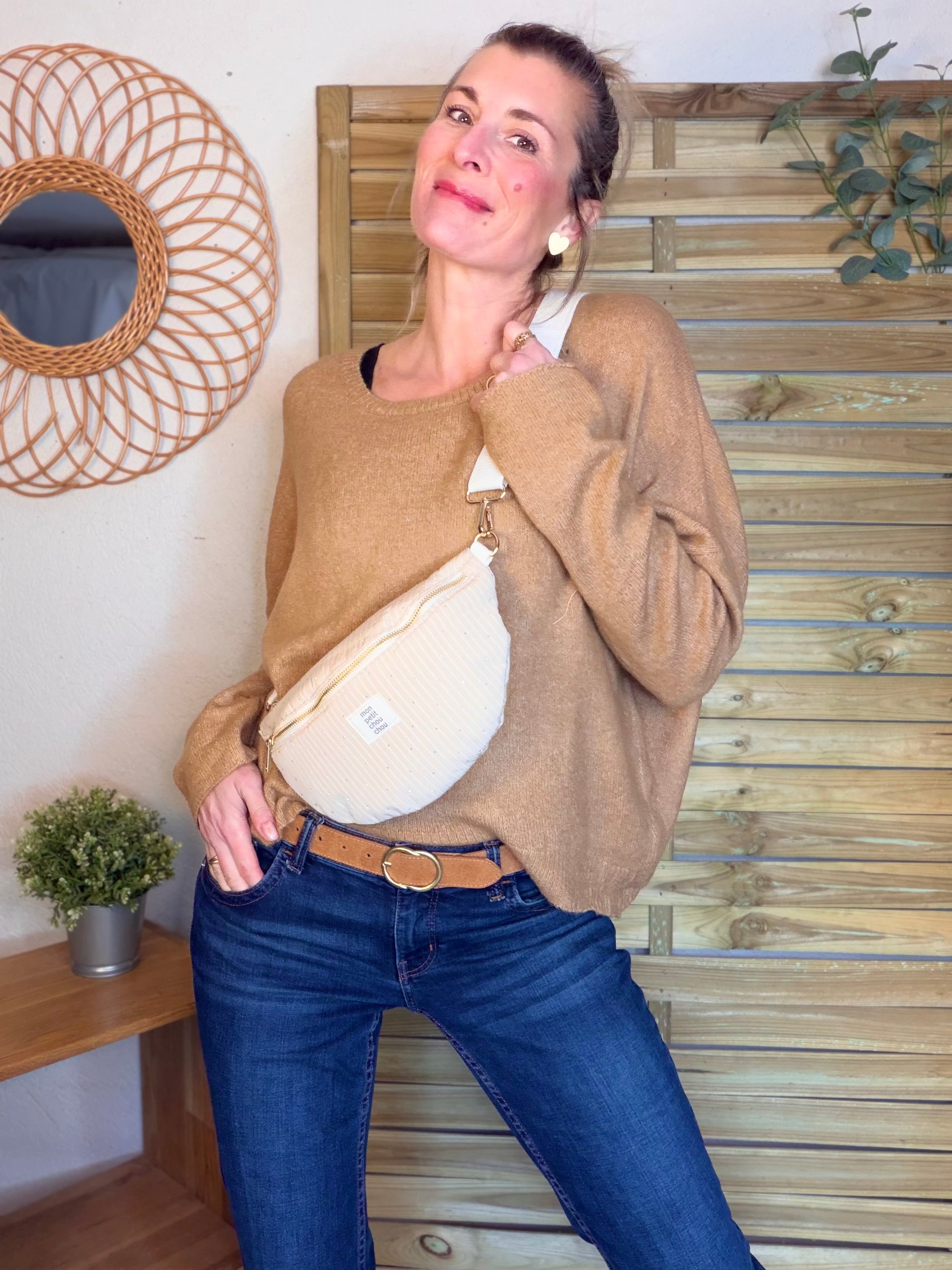 Sac banane avec strass BONNIE - Rayée beige