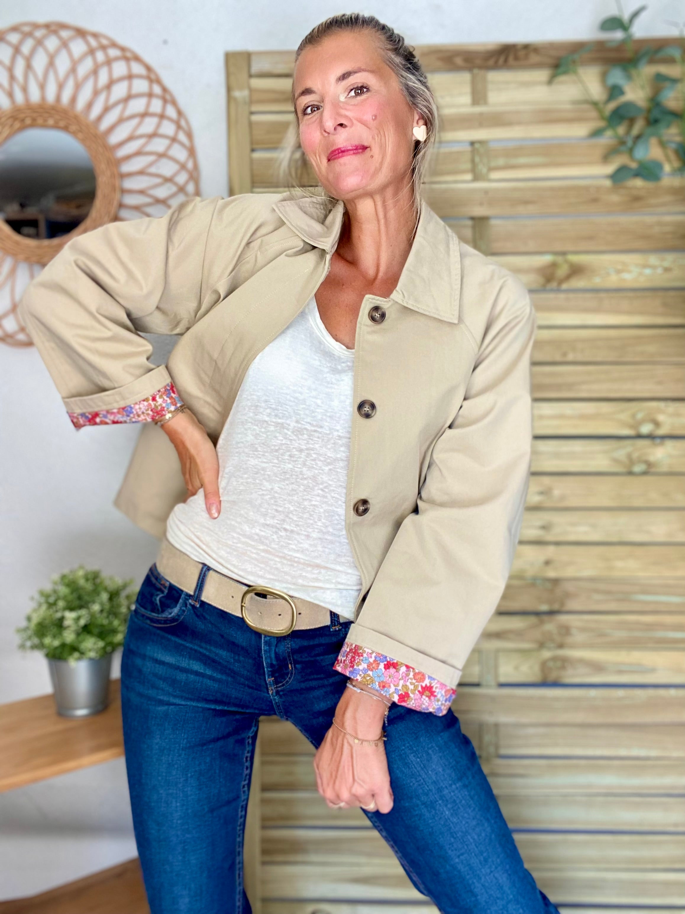 Veste Trench en coton beige avec Liberty - MAHAUT