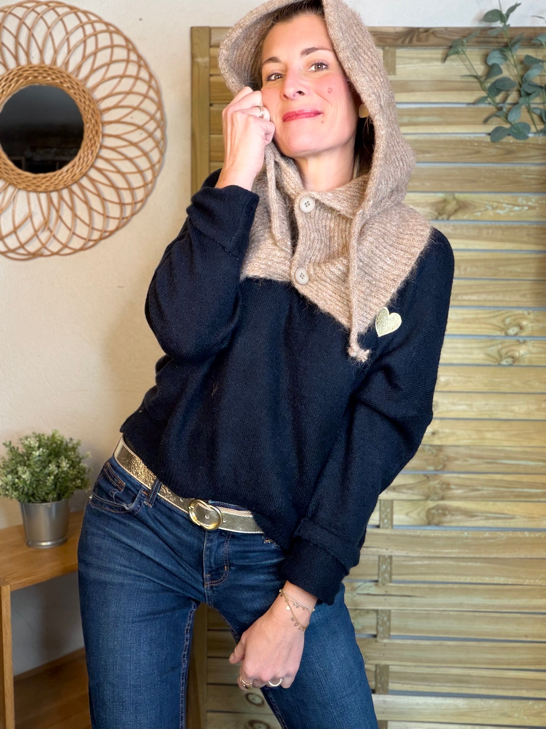 Col cagoule LORIE en maille avec bouton - Taupe