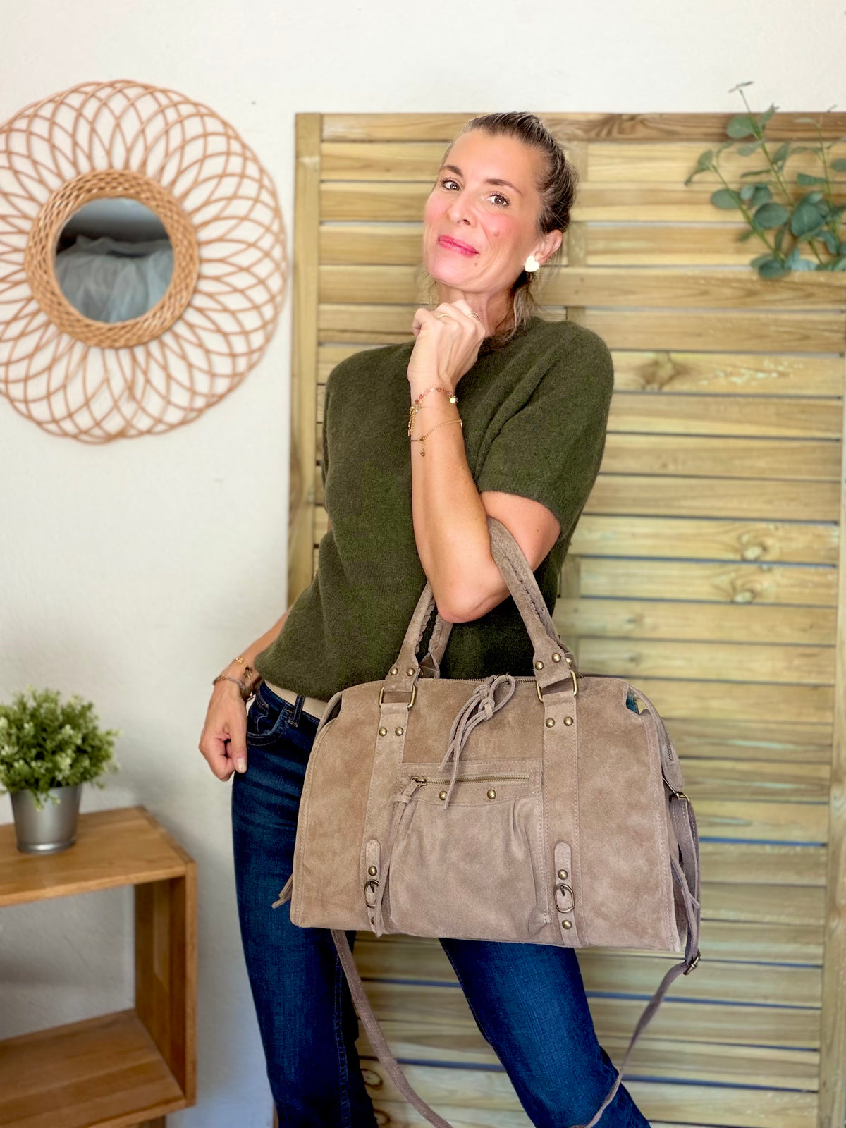Sac cabas XL en cuir daim • HUNTER Taupe