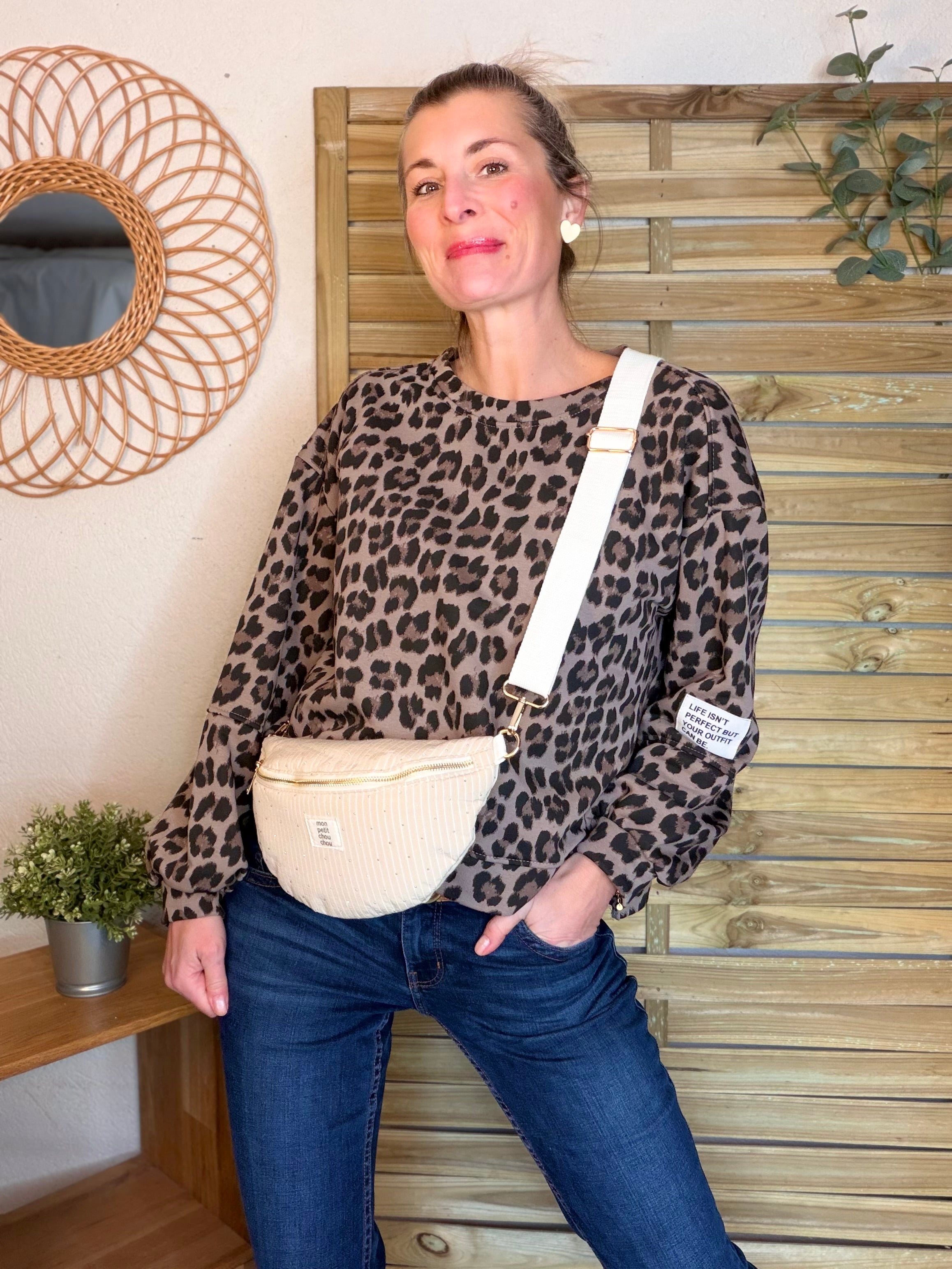 Sac banane avec strass BONNIE - Rayée beige