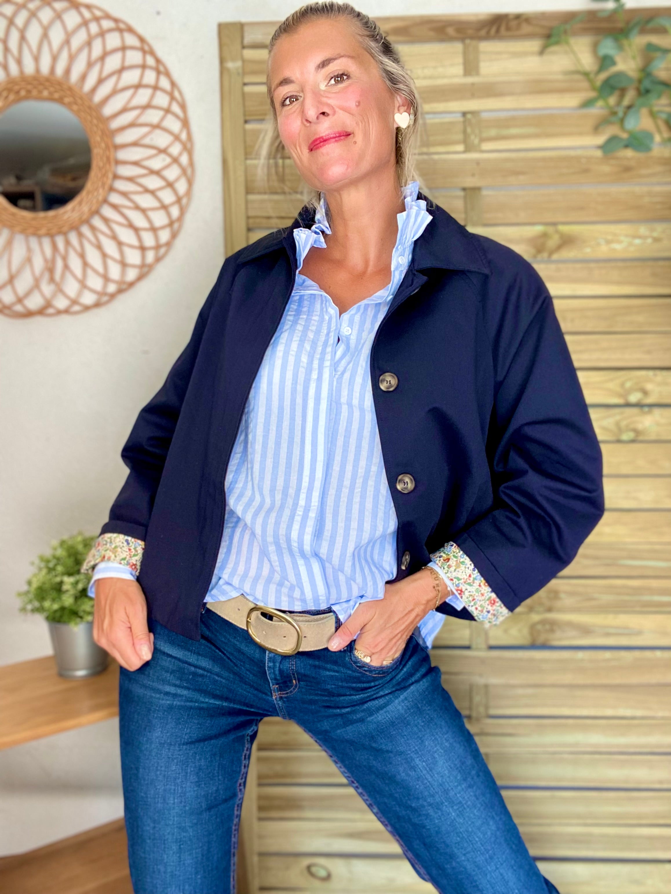 Veste Trench en coton bleu marine avec Liberty - MAHAUT