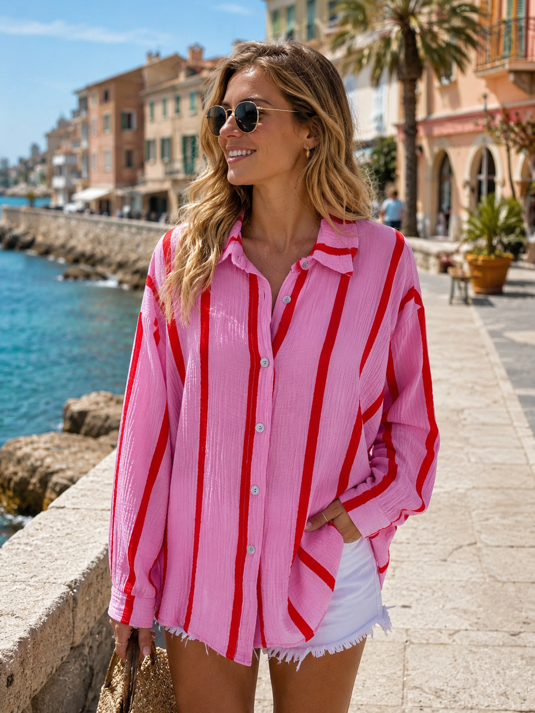 Chemise en gaze de coton rayé FÉLICIE Rose rouge