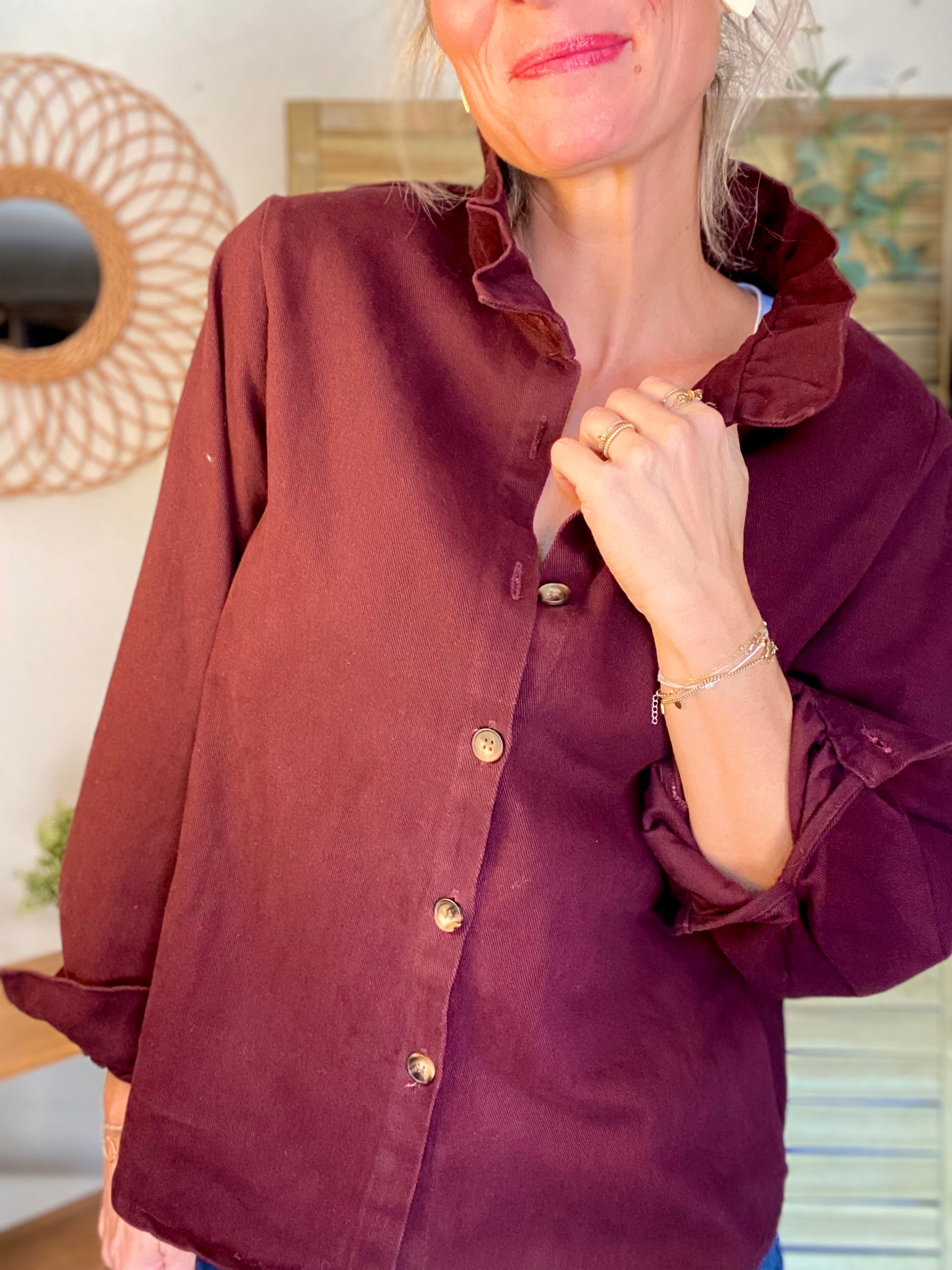 Veste / Chemise en coton, col victorien volanté LISA - Prune