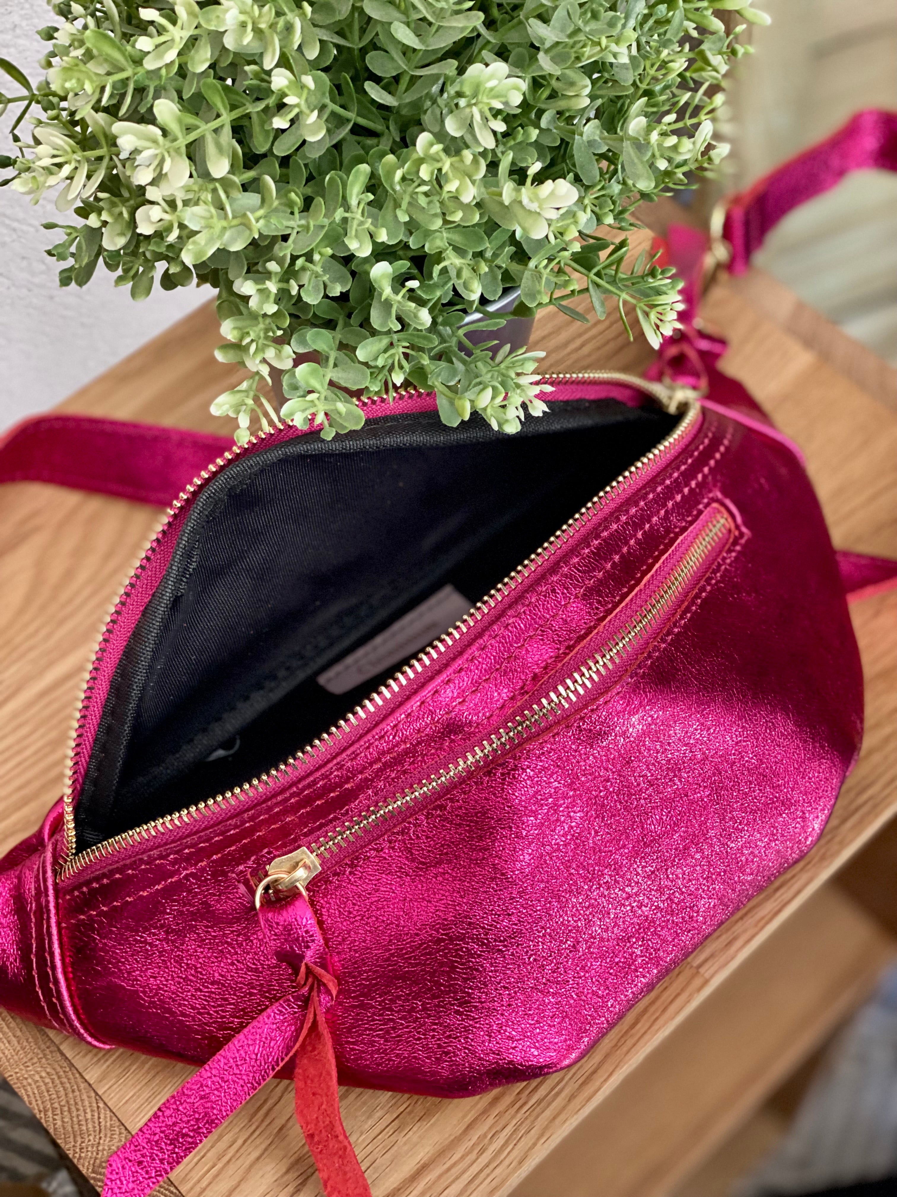 Sac banane en cuir irisé double poche - OPALE - Fuschia