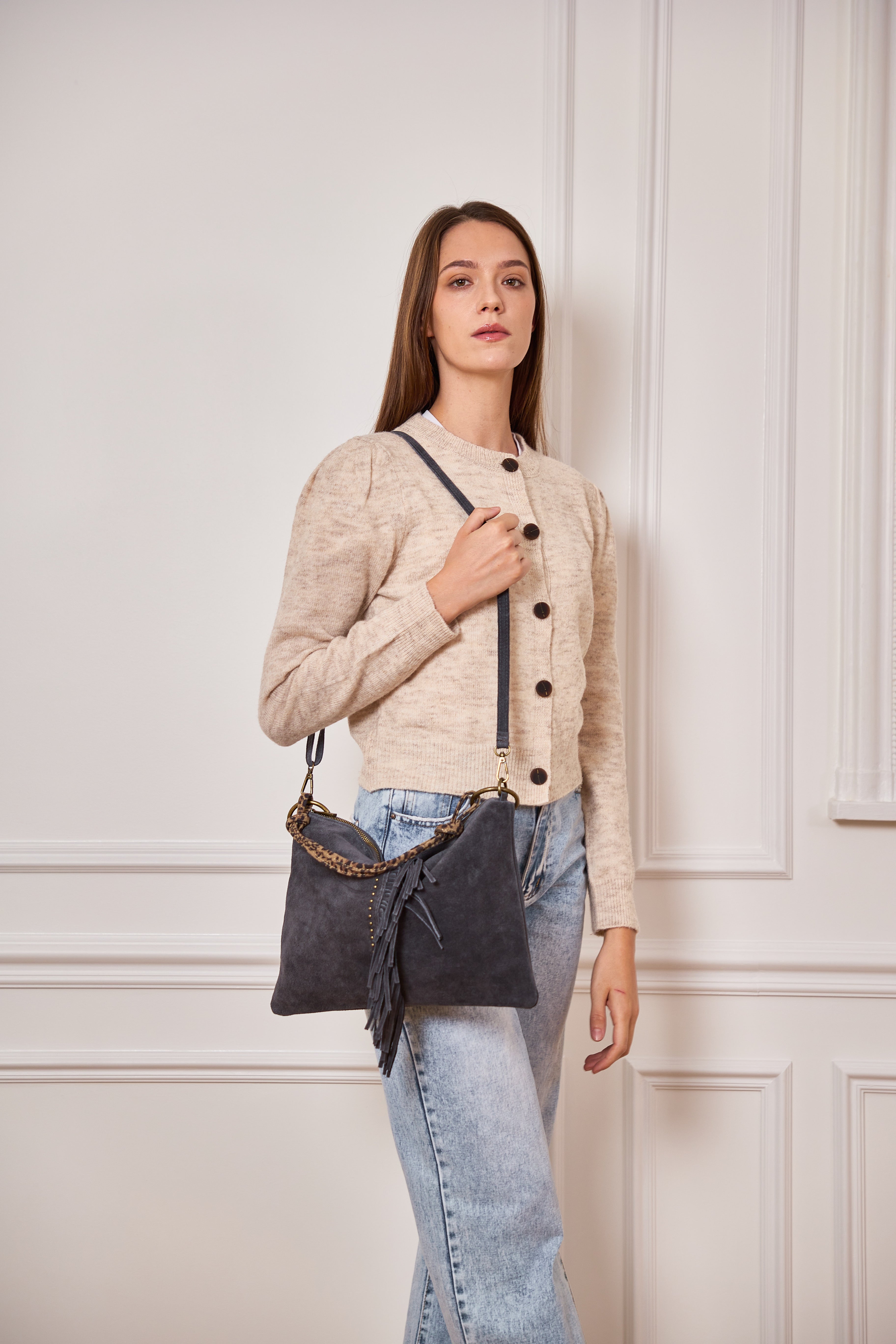 ⚡️PÉPITES FRIDAY - Sac en cuir daim 2 bandoulières (Léo et gris) - Gris foncé - BROOKLYN