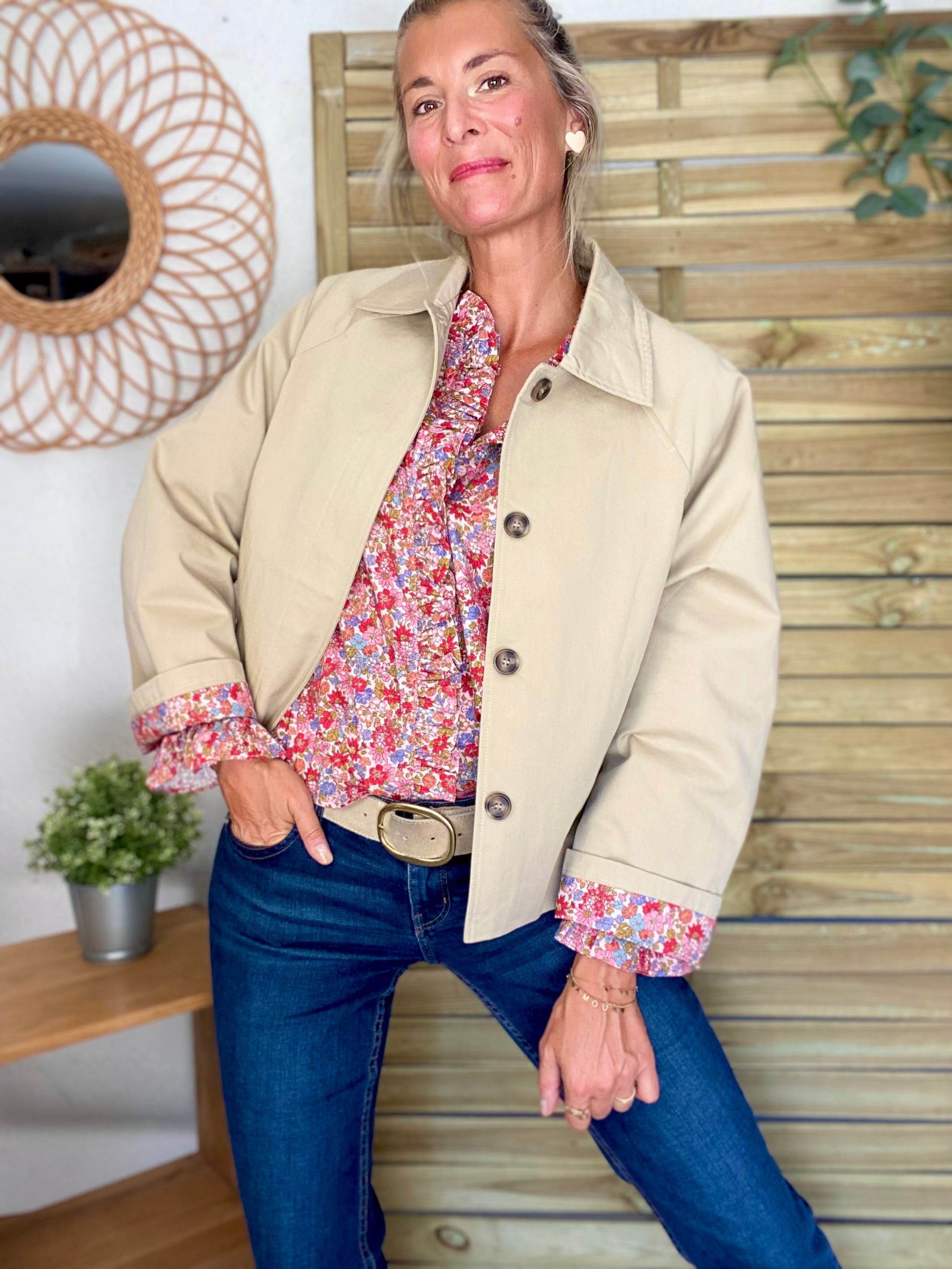 Veste Trench en coton beige avec Liberty - MAHAUT