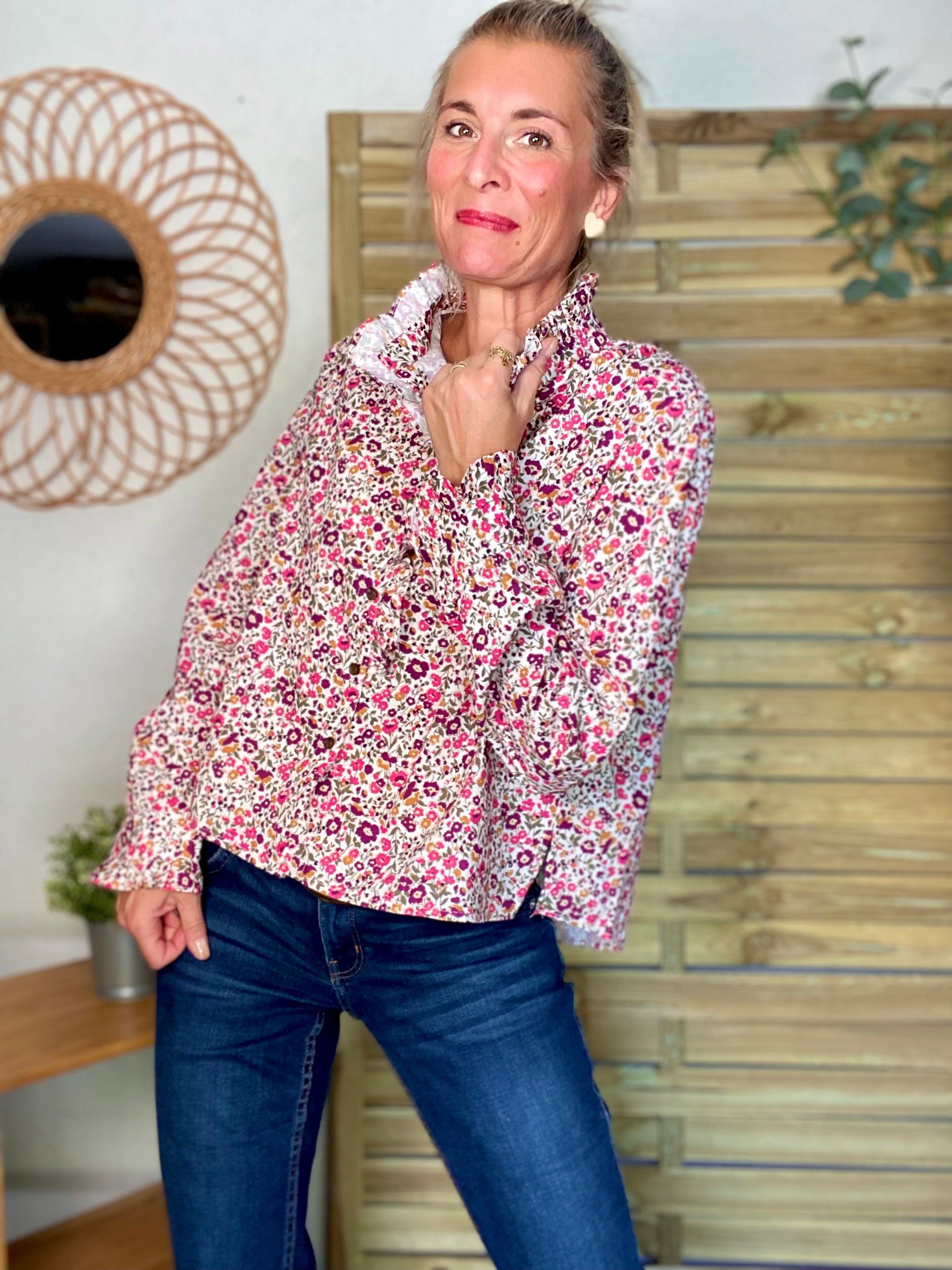Chemise imprimé Liberty rose, col victorien volanté HÉLOÏSE