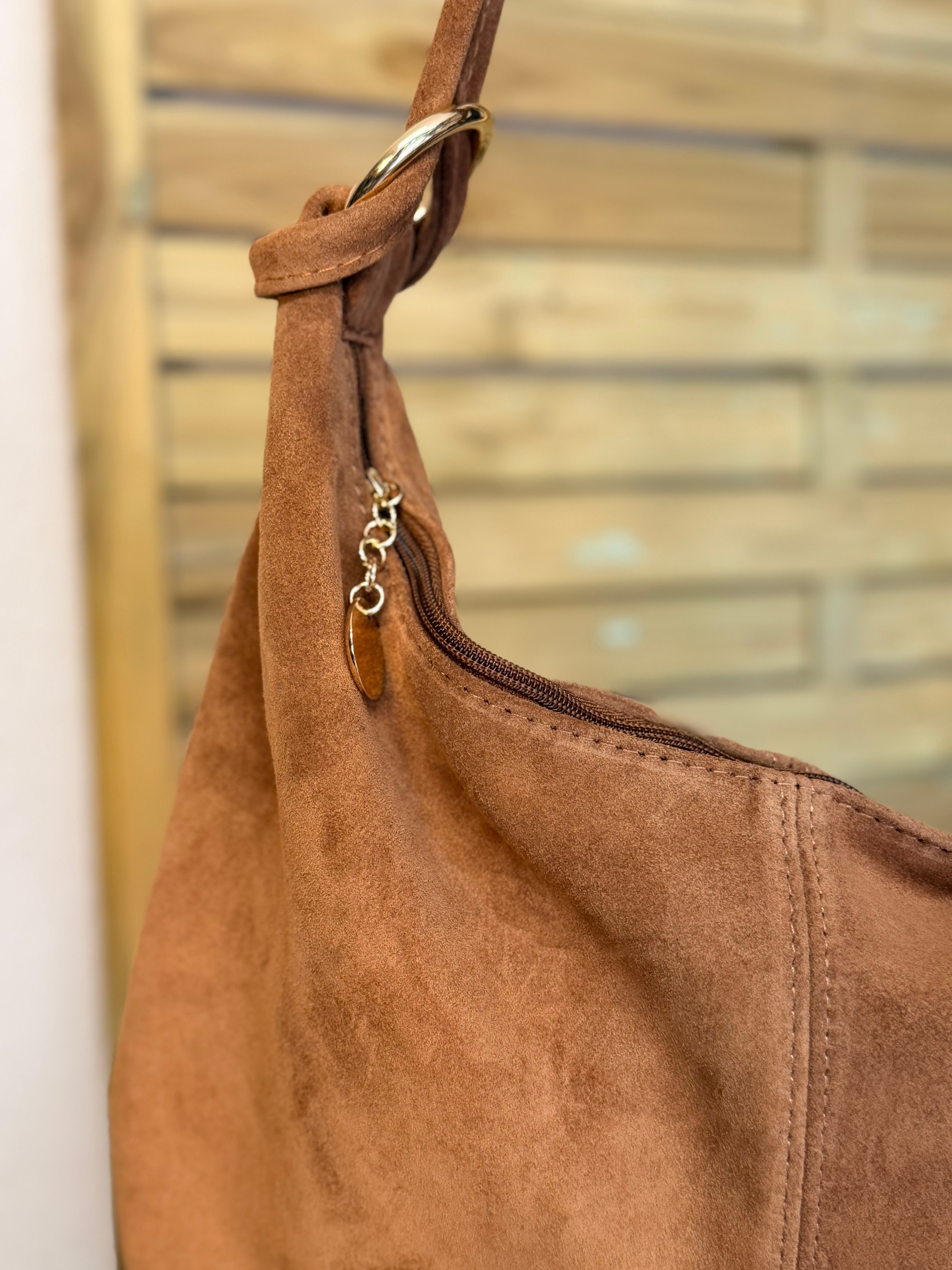 Sac besace hobo en cuir daim souple avec anneaux WILLIAM - Camel