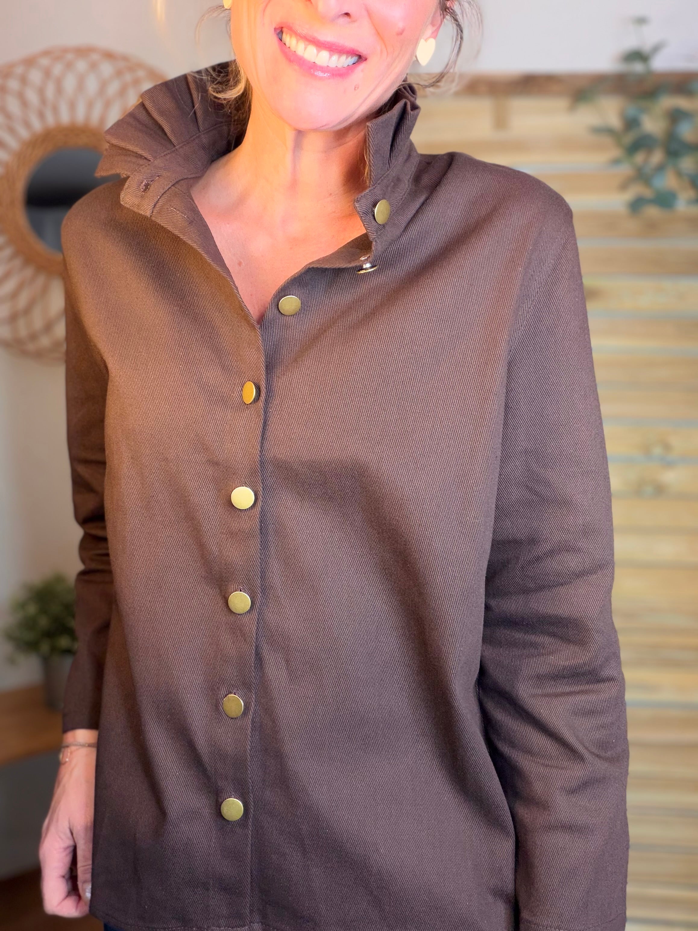 ⚡️ ARRIVAGE - Veste / Chemise en coton, col victorien volanté Beige taupe HILLARY - Choco