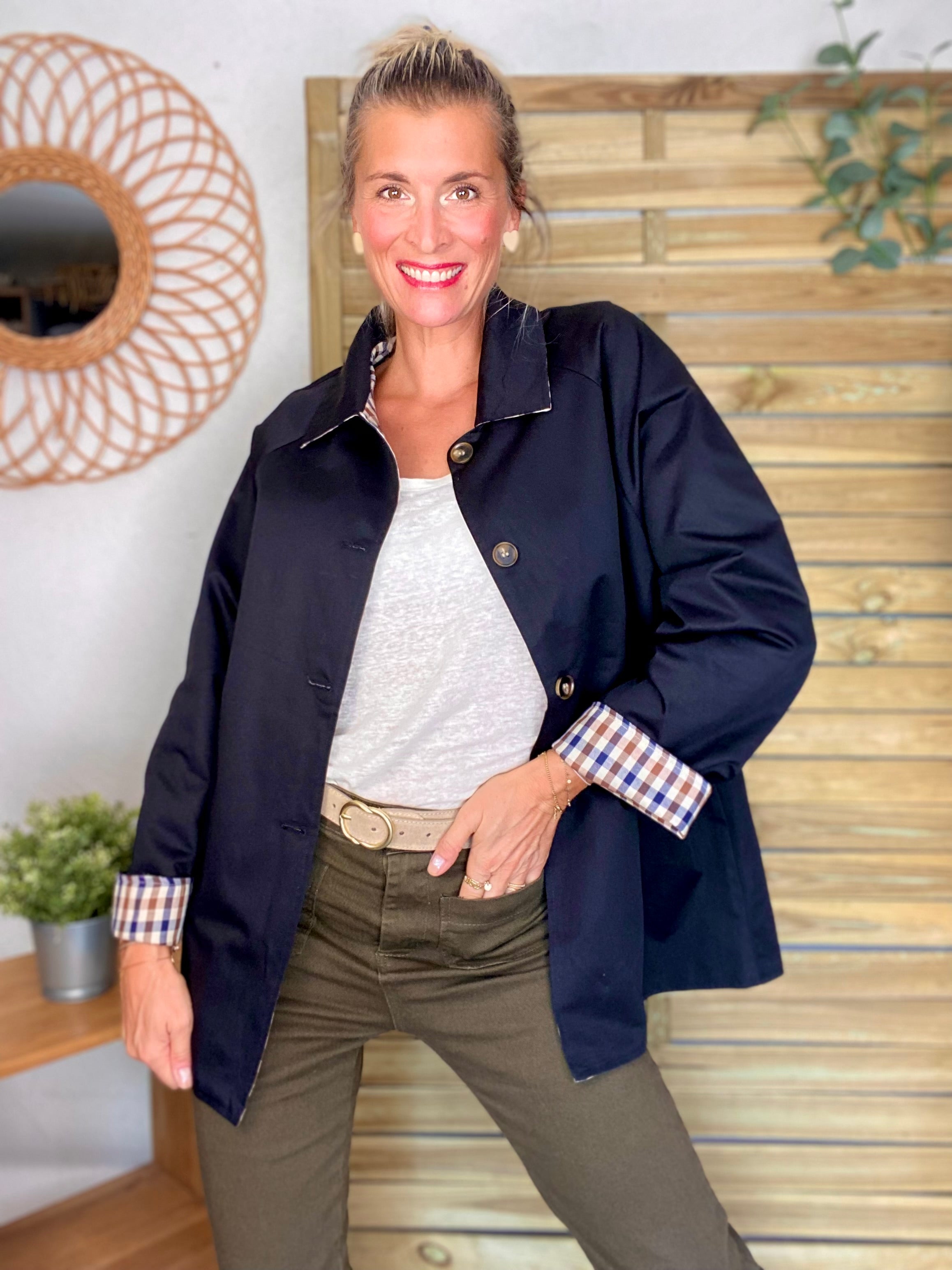 Veste Trench mi long réversible vichy LENA - Noir