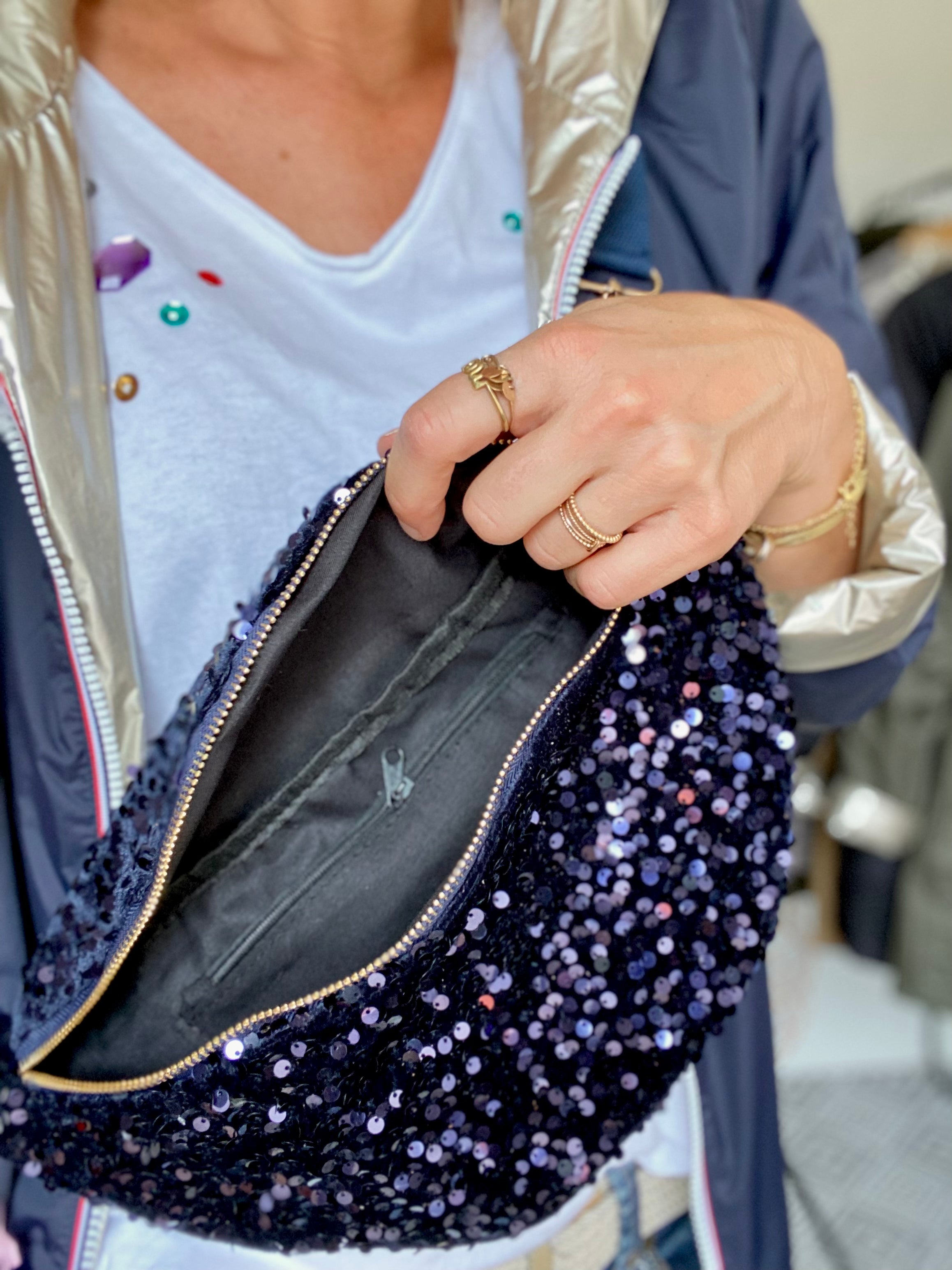 Sac banane L velours à sequins Ciao Boum - TAYLOR - Bleu marine