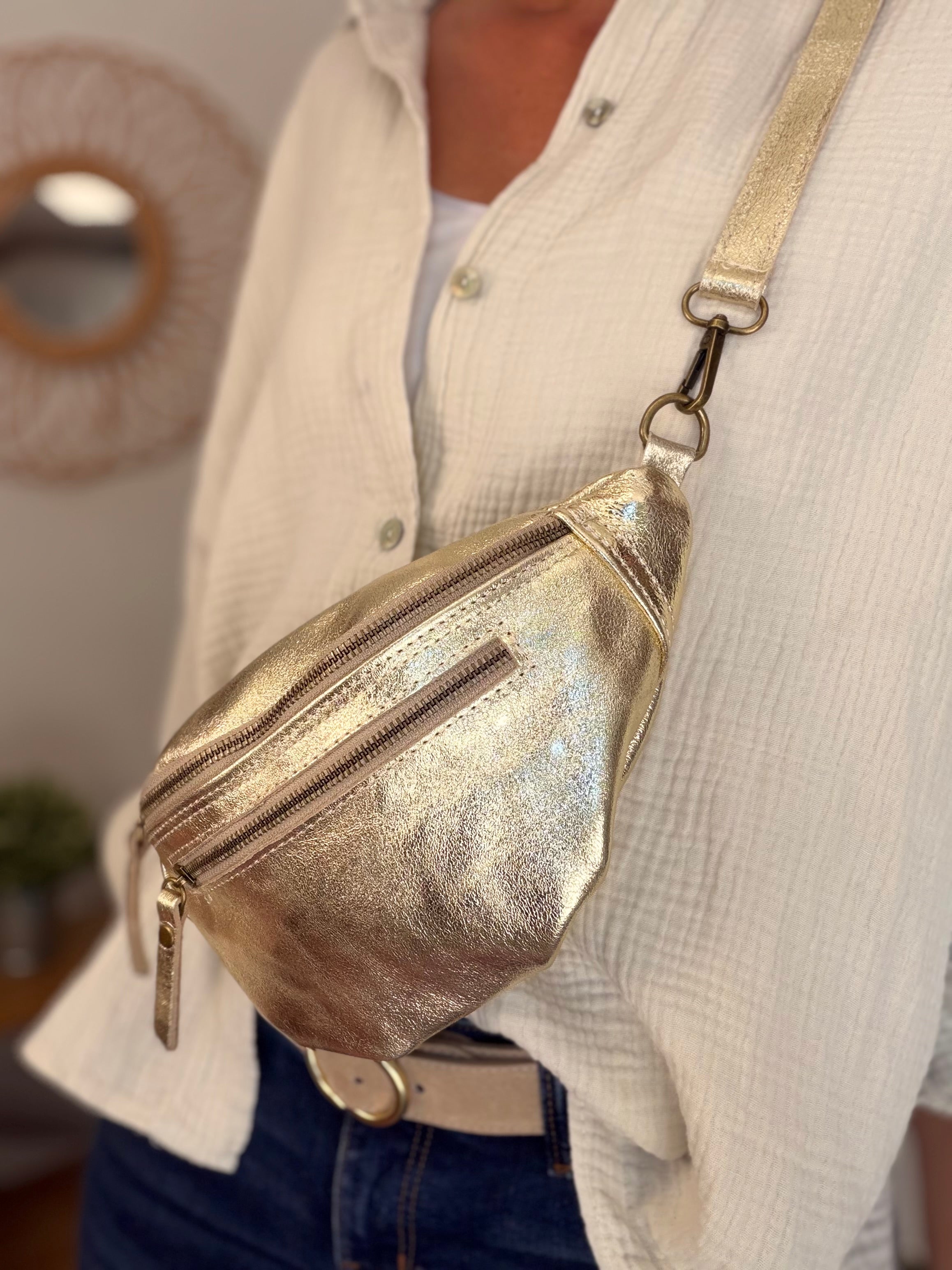 Sac banane en cuir irisé double poche - OPALE - Doré / Étain