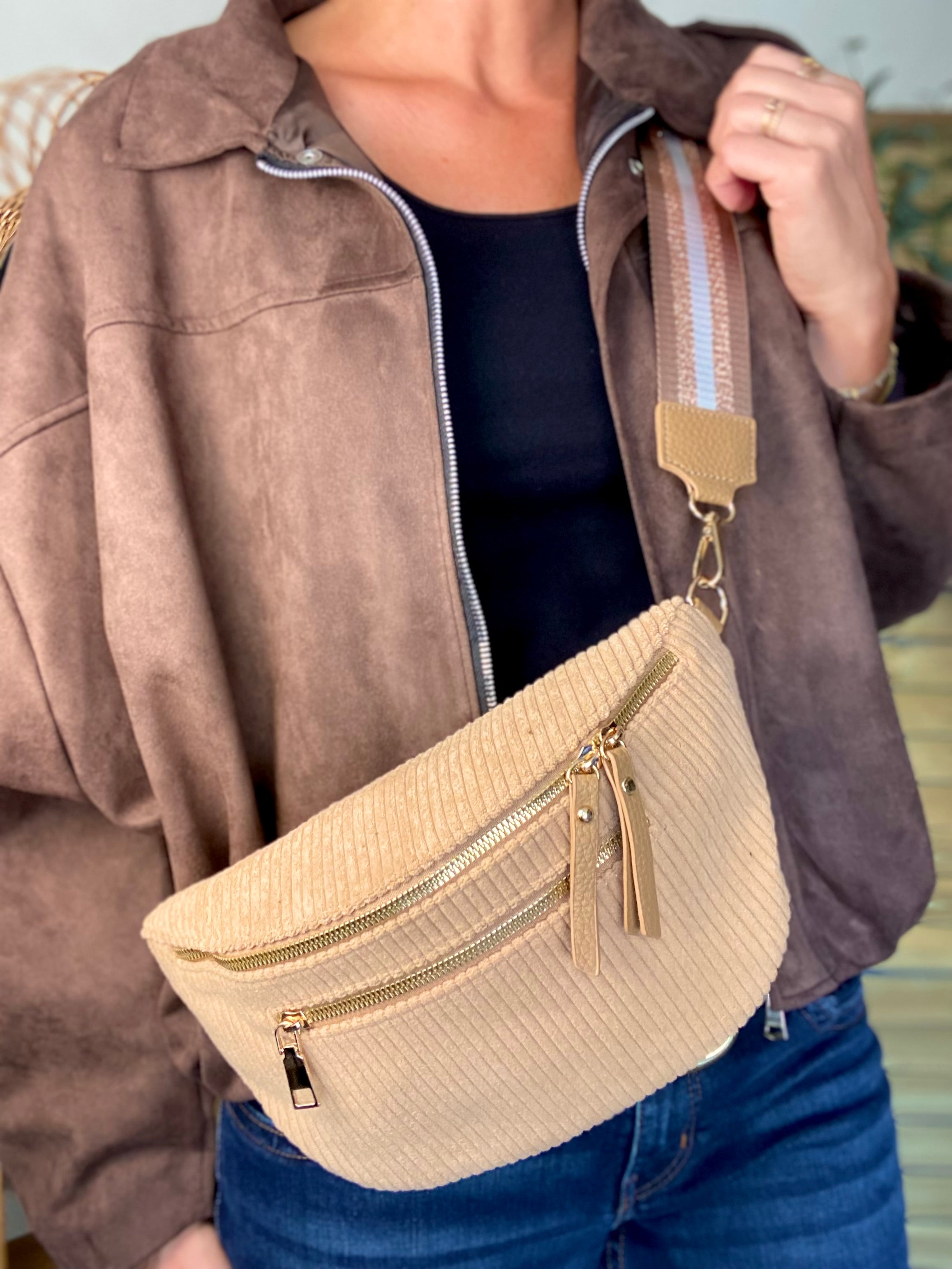 Sac banane L en velours côtelé 2 zips et sangle fantaisie - ASHLY - Camel clair (côtelé large)