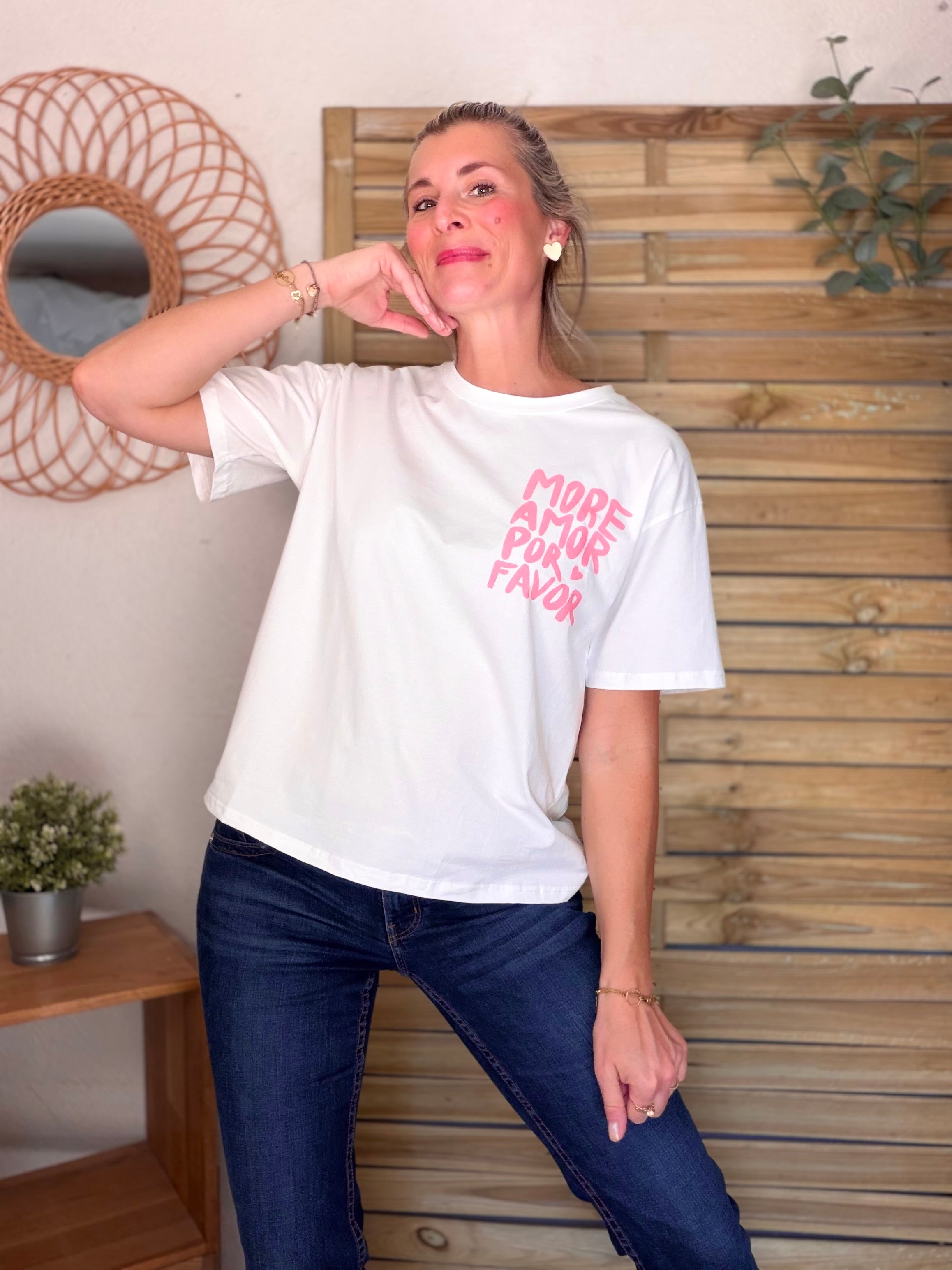 Tee shirt MORE AMOR POR FAVOR - RITA Blanc/Rose
