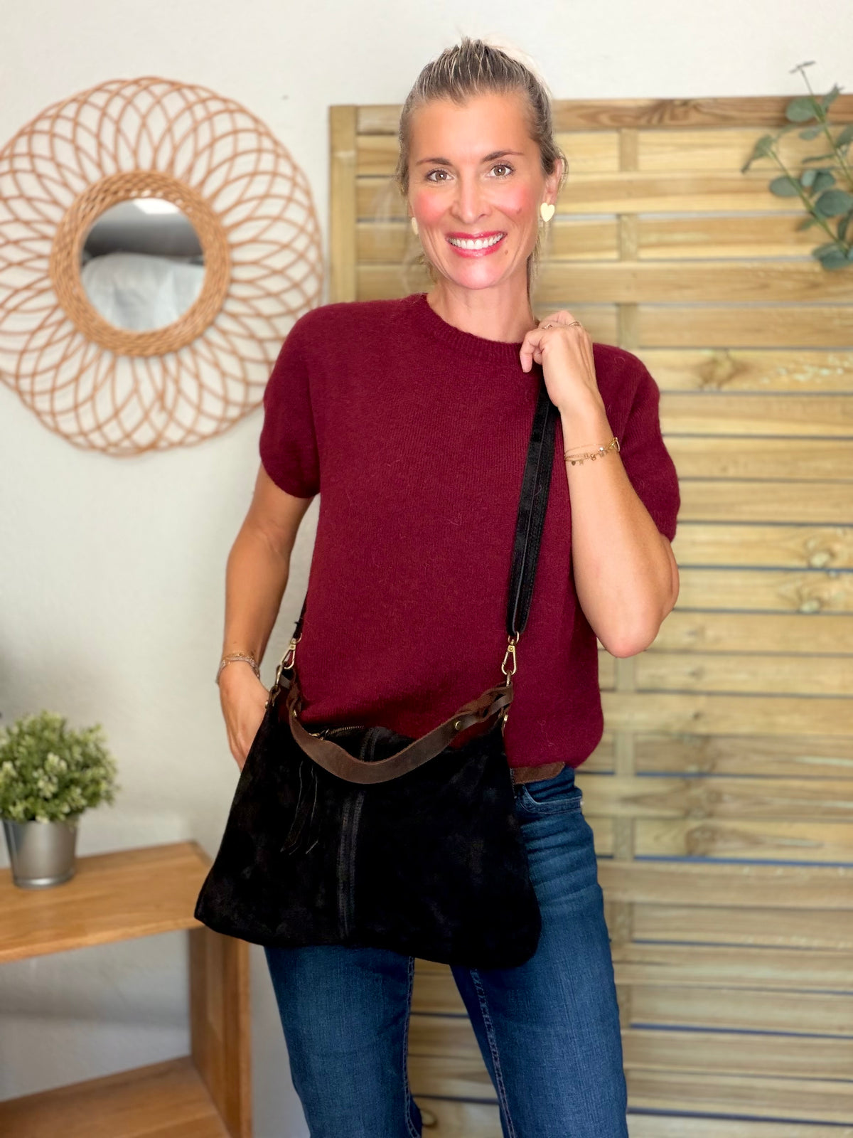 Sac hobo en cuir daim souple, double bandoulière ANDREW Noir