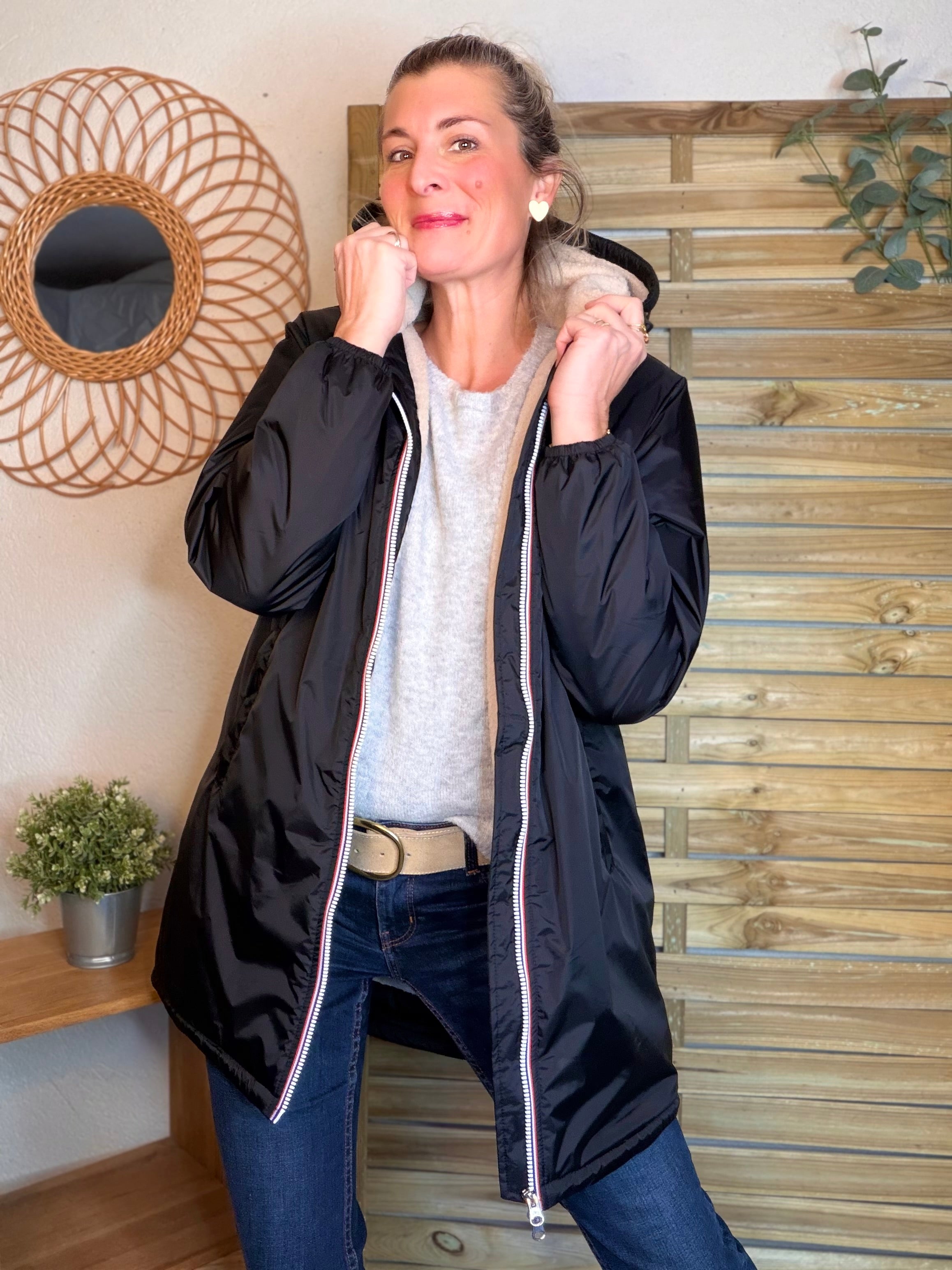 Parka Imperméable LOUISE LONG Sherpa écru - Noir - LAURA JO