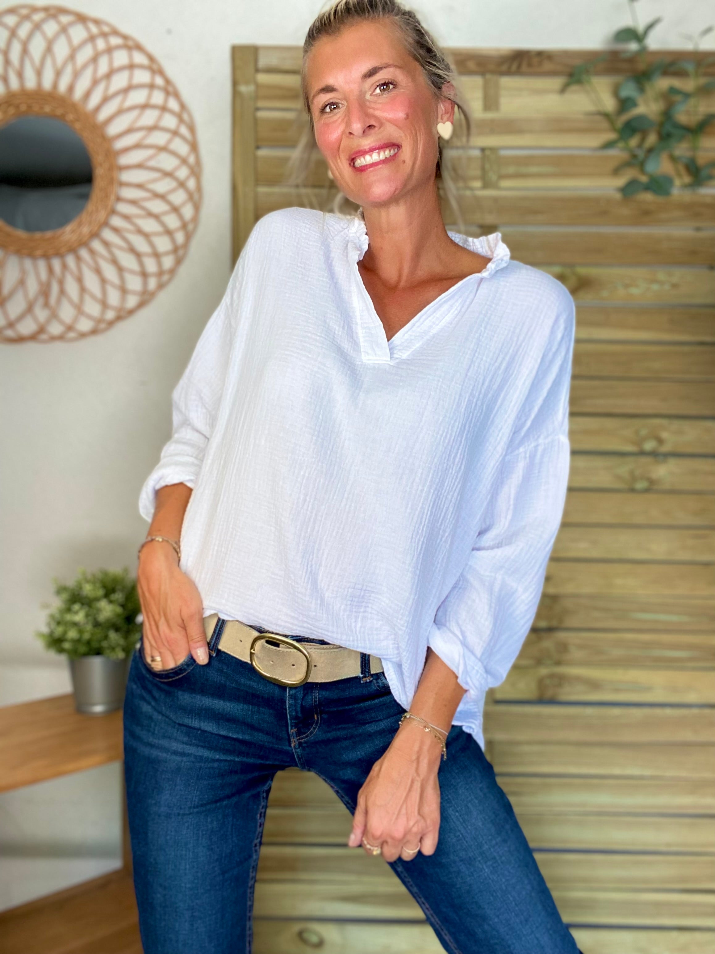 Blouse en gaze de coton SIERRA Blanche - manches longues