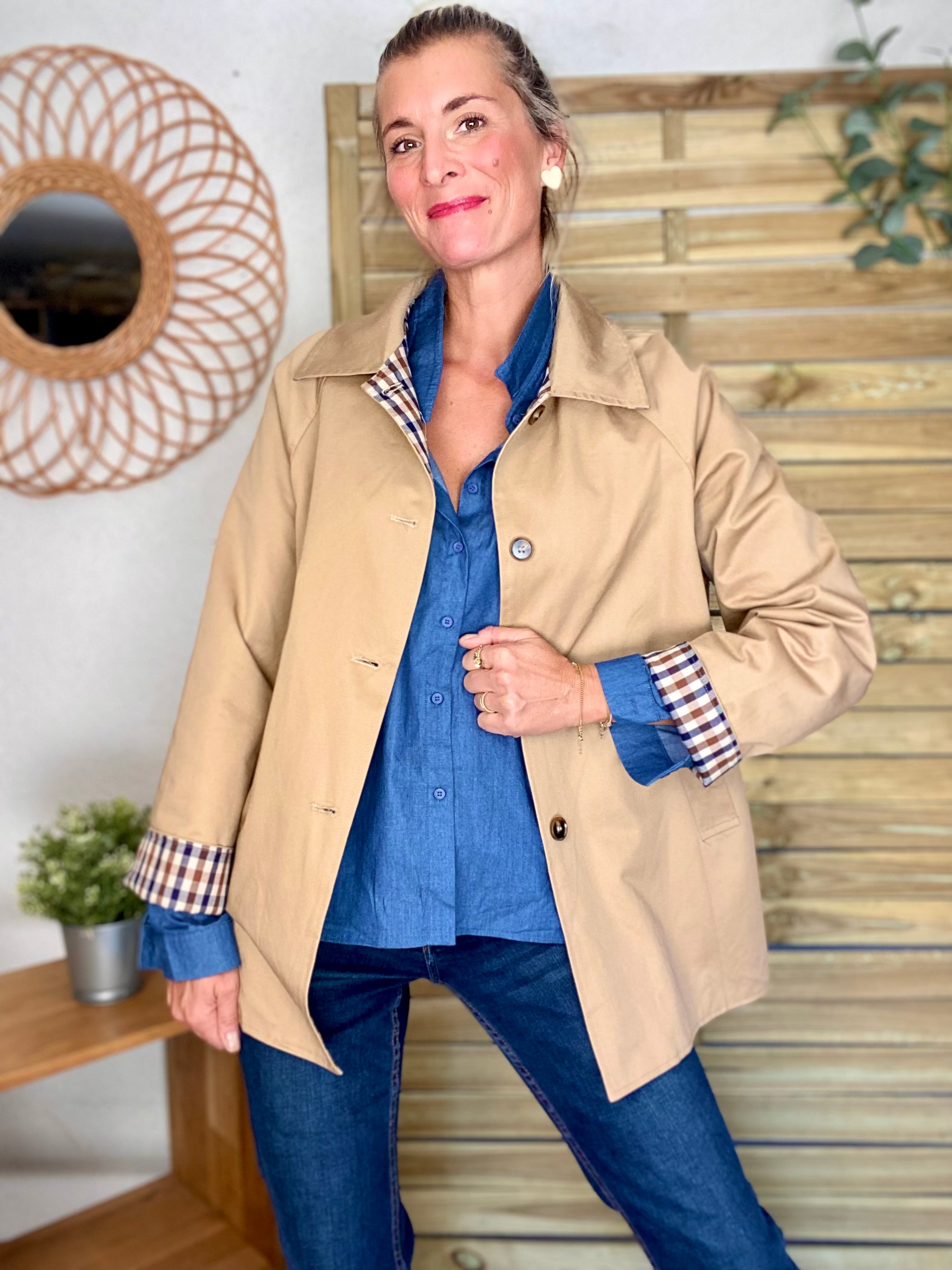 Veste Trench mi long réversible vichy LENA - Camel clair