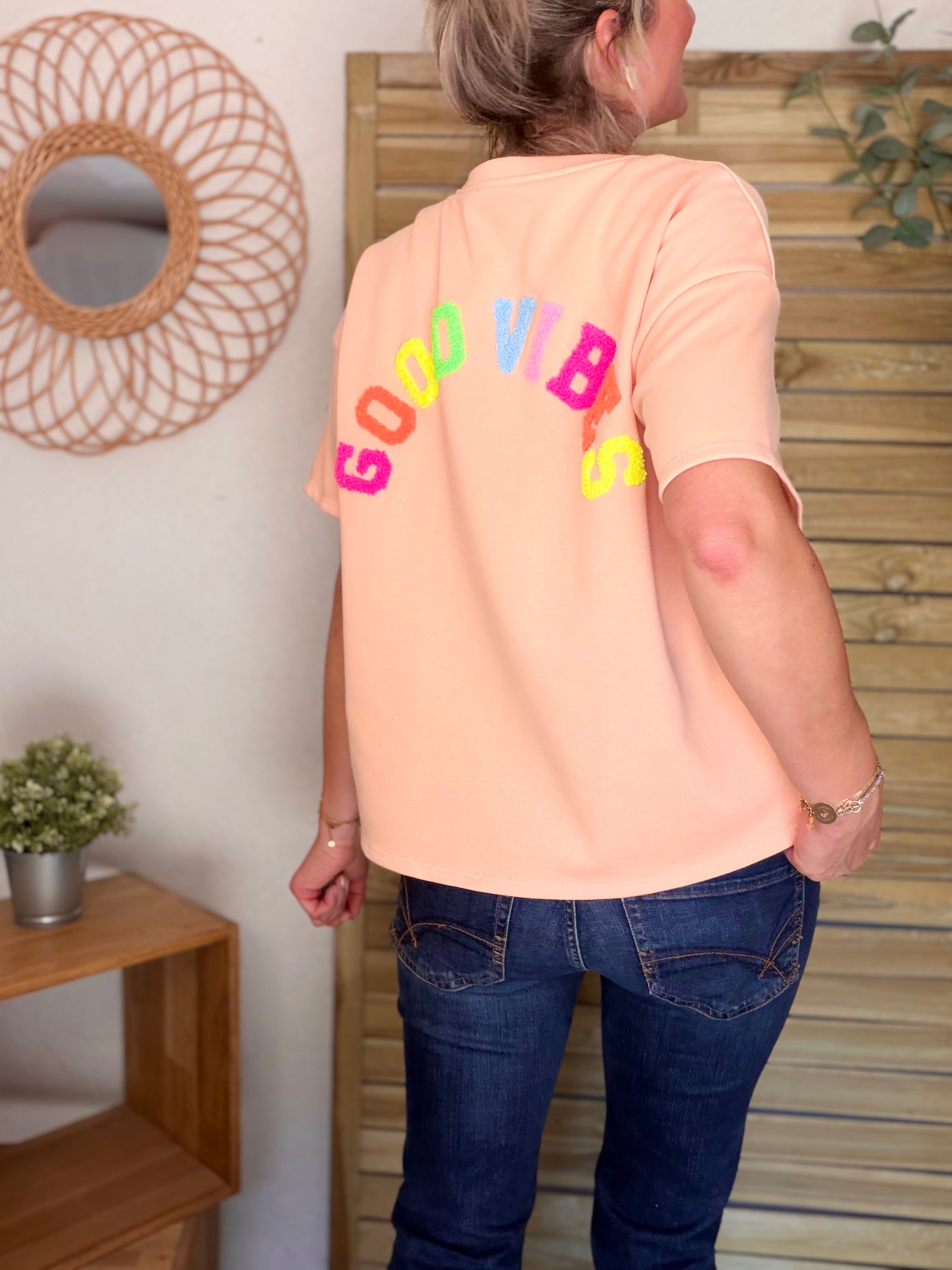 Tee shirt GOOD VIBES matière sweat - ALESSIA Pêche