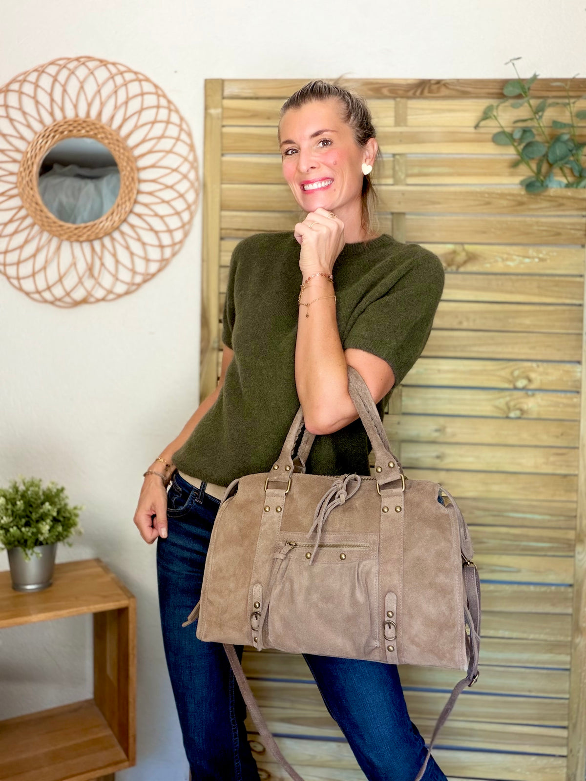 Sac cabas XL en cuir daim • HUNTER Taupe