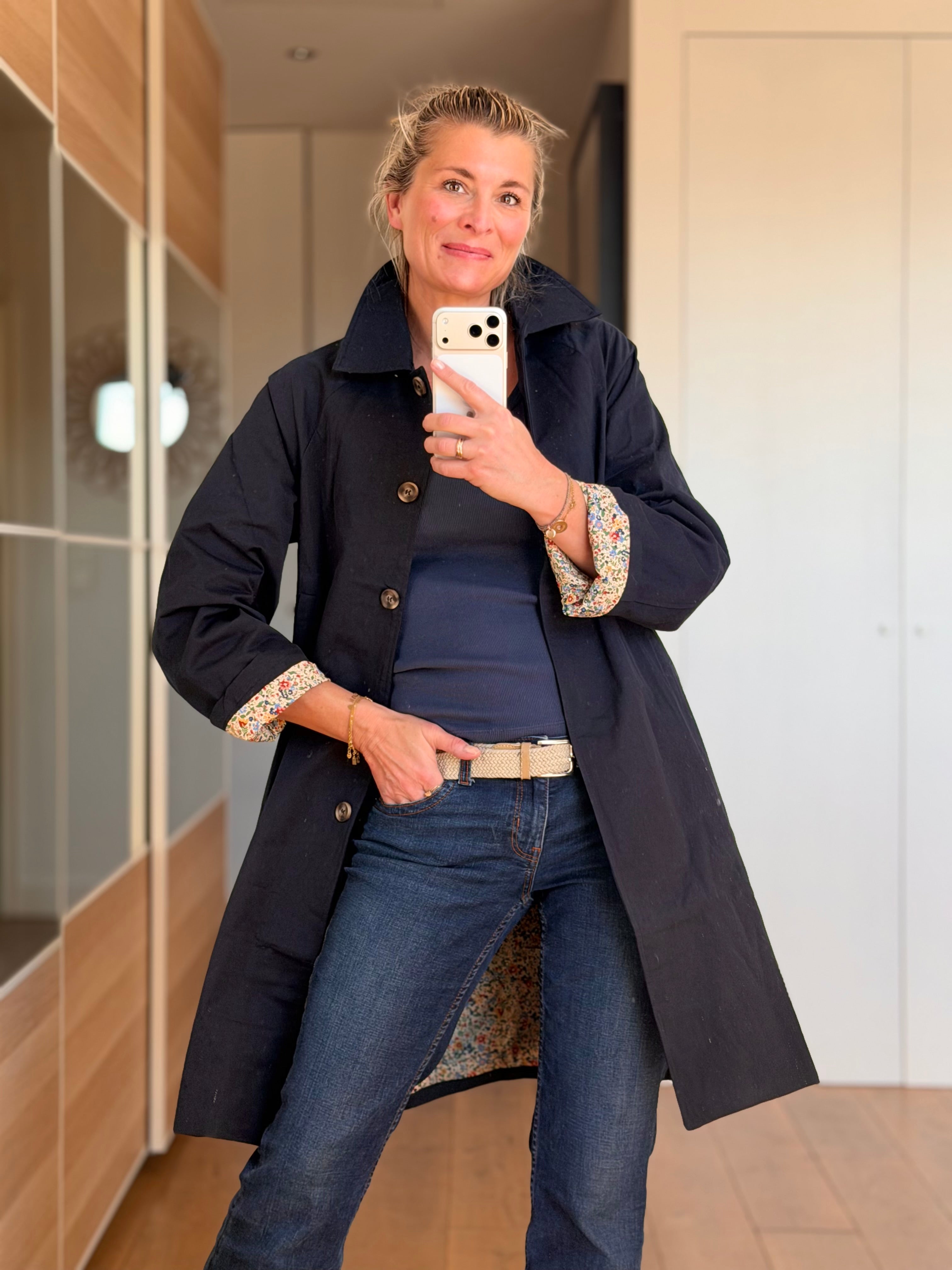 Veste Trench en coton Bleu marine avec Liberty - MAHAUT MI LONG - LILI et LALA